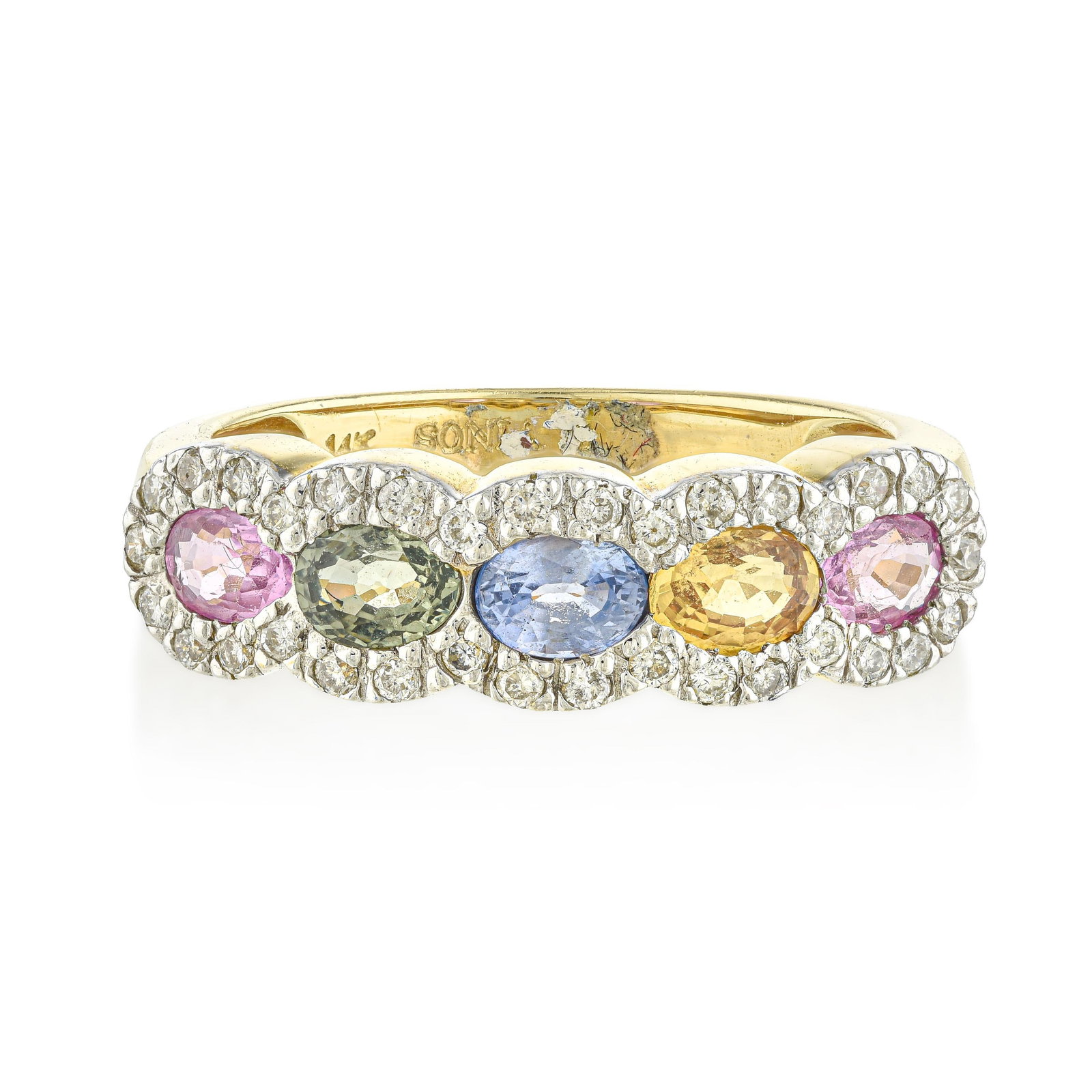 Multicolor Sapphire and Diamond Band Ring: ESTIMATED RETAIL PRICE: 2,800* *This is the estimated value a piece of similar quality, craftsmanship, and characteristics could command at retail. A joyful pastel palette arranged in a continuous