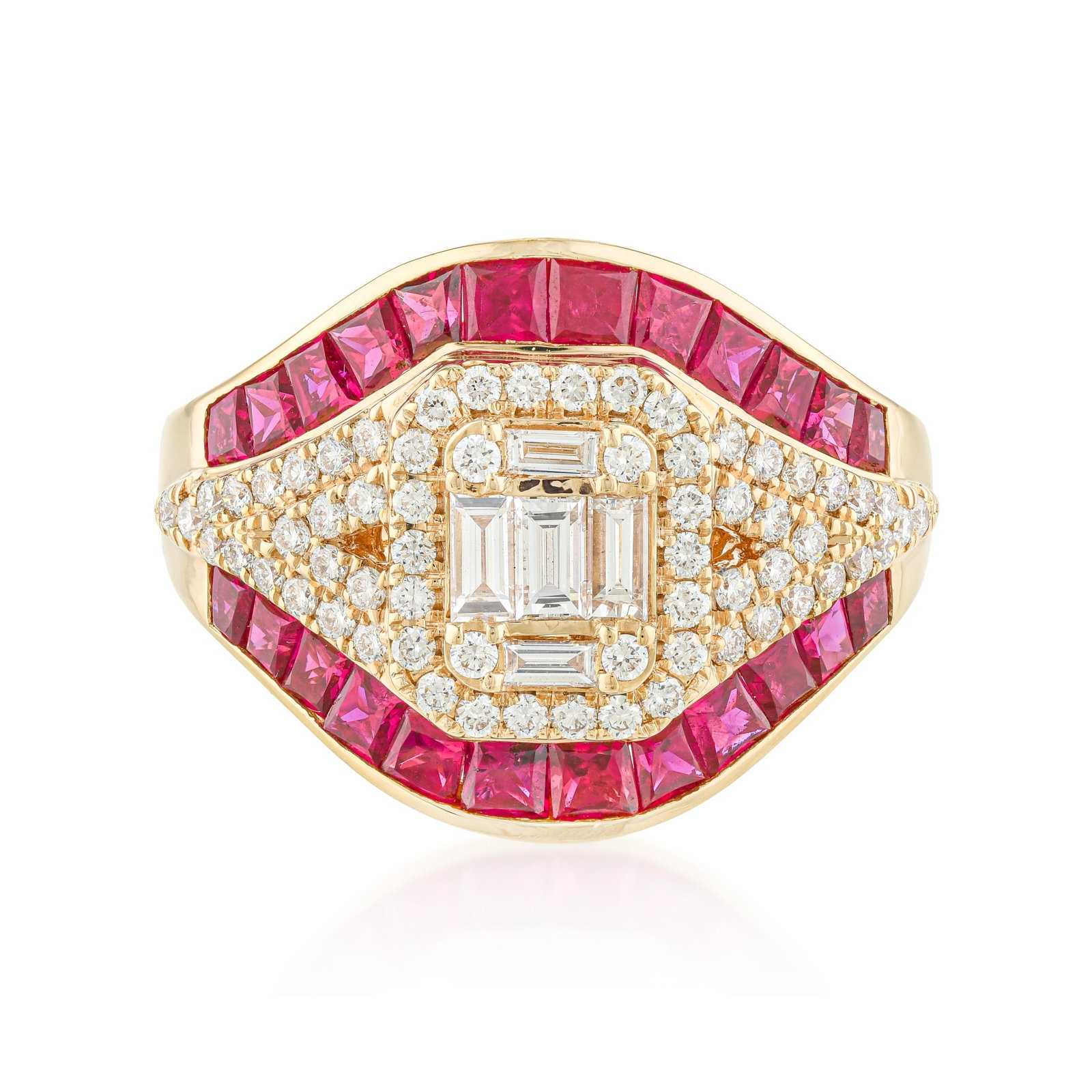 Ruby and Baguette Diamond Arched Contour Ring: ESTIMATED RETAIL PRICE: 10,060* *This is the estimated value a piece of similar quality, craftsmanship, and characteristics could command at retail. There is a rich geometric rhythm to this ring, wher