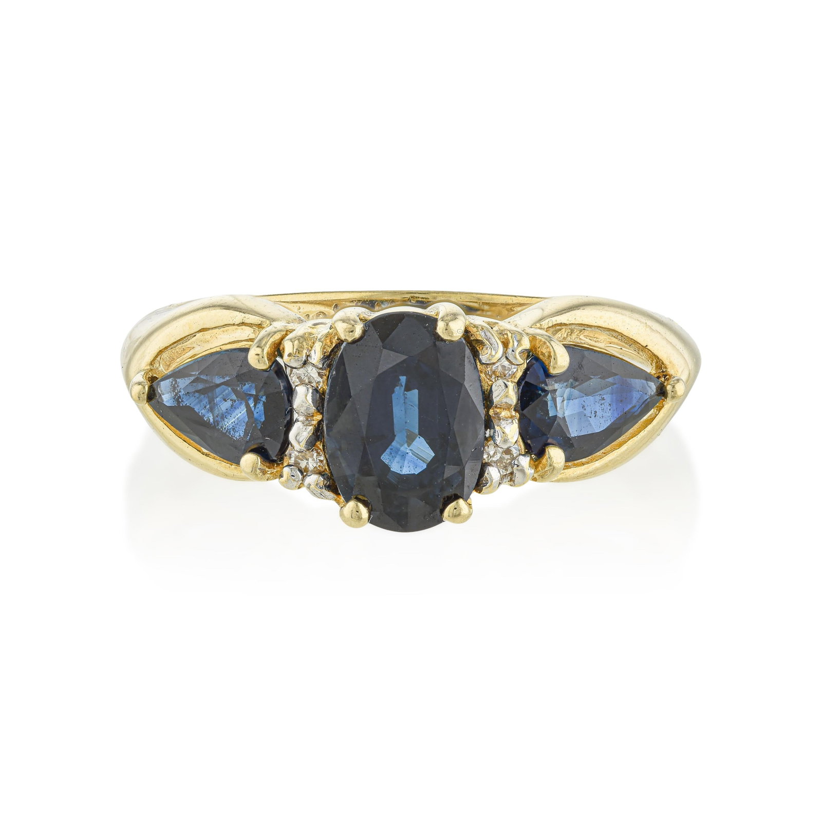 Vintage Three-Stone Sapphire and Diamond Ring: ESTIMATED RETAIL PRICE: 1,750* *This is the estimated value a piece of similar quality, craftsmanship, and characteristics could command at retail. Three-stone settings carry a long tradition of