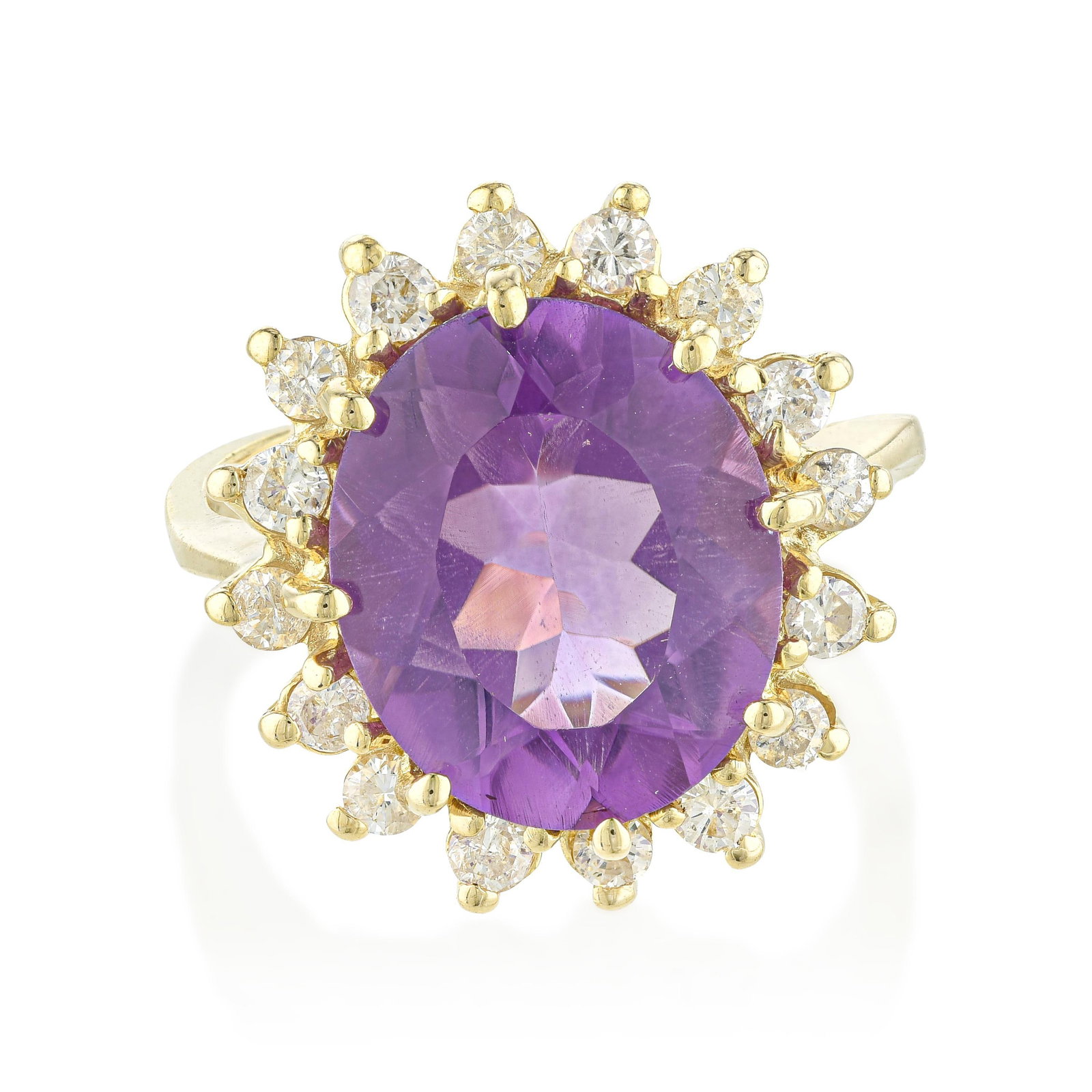 Amethyst and Diamond Ring: ESTIMATED RETAIL PRICE: 3,500* *This is the estimated value a piece of similar quality, craftsmanship, and characteristics could command at retail. Capturing classic estate proportions, an oval deep