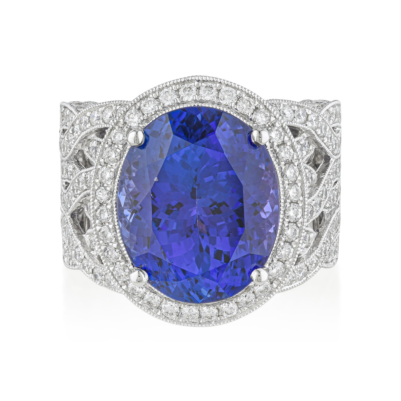 10.84-Carat Tanzanite and Diamond Ring: ESTIMATED RETAIL PRICE: 27,125* *This is the estimated value a piece of similar quality, craftsmanship, and characteristics could command at retail. Tanzanite operates at a scale of color intensity