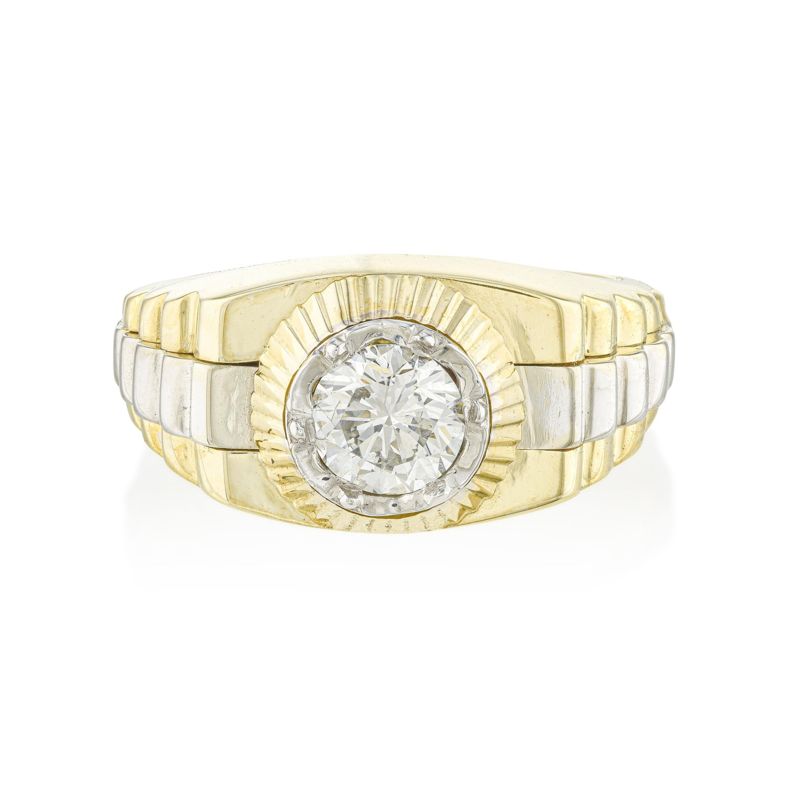 Vintage Gentleman's Fluted Jubilee-Link Diamond Ring: ESTIMATED RETAIL PRICE: 10,500* *This is the estimated value a piece of similar quality, craftsmanship, and characteristics could command at retail. Borrowing the fluted bezel and articulated link pro
