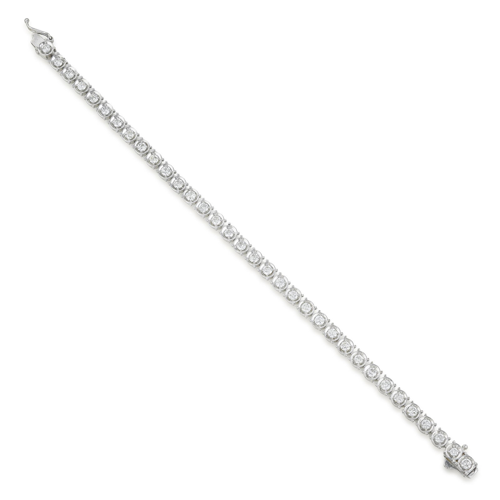 Illusion Setting Diamond Line Bracelet: ESTIMATED RETAIL PRICE: 7,000* *This is the estimated value a piece of similar quality, craftsmanship, and characteristics could command at retail. The classic tennis bracelet redesigned for maximum