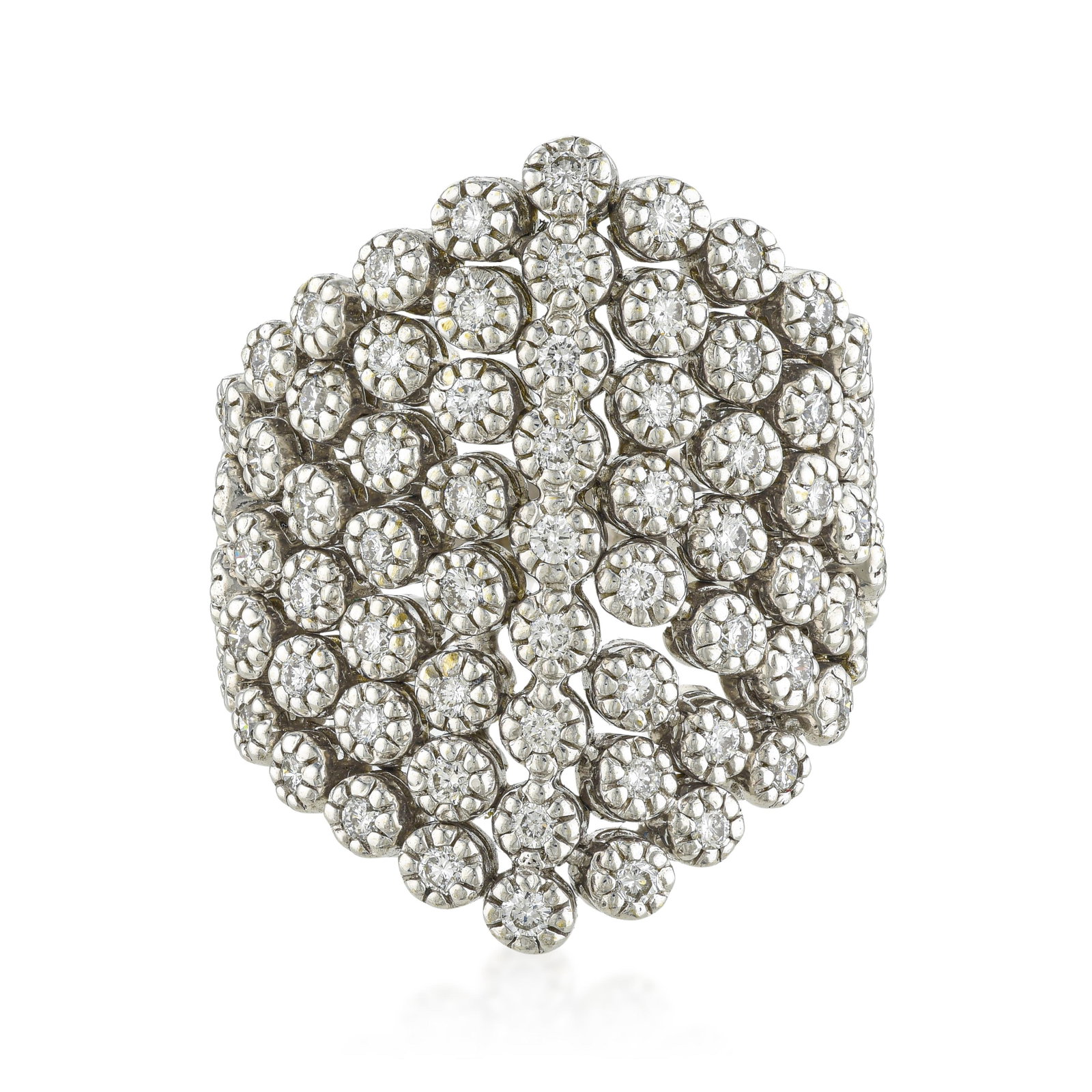 Sonia B. Diamond Cluster Statement Ring: ESTIMATED RETAIL PRICE: 7,000* *This is the estimated value a piece of similar quality, craftsmanship, and characteristics could command at retail. Designed by Sonia B., this statement shield ring is 