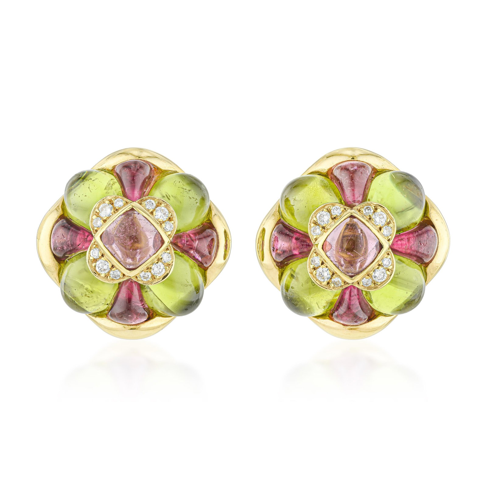 Vintage Peridot, Tourmaline, and Diamond Earrings: ESTIMATED RETAIL PRICE: 12,250* *This is the estimated value a piece of similar quality, craftsmanship, and characteristics could command at retail. High-craft Italian design meets juicy gemstone
