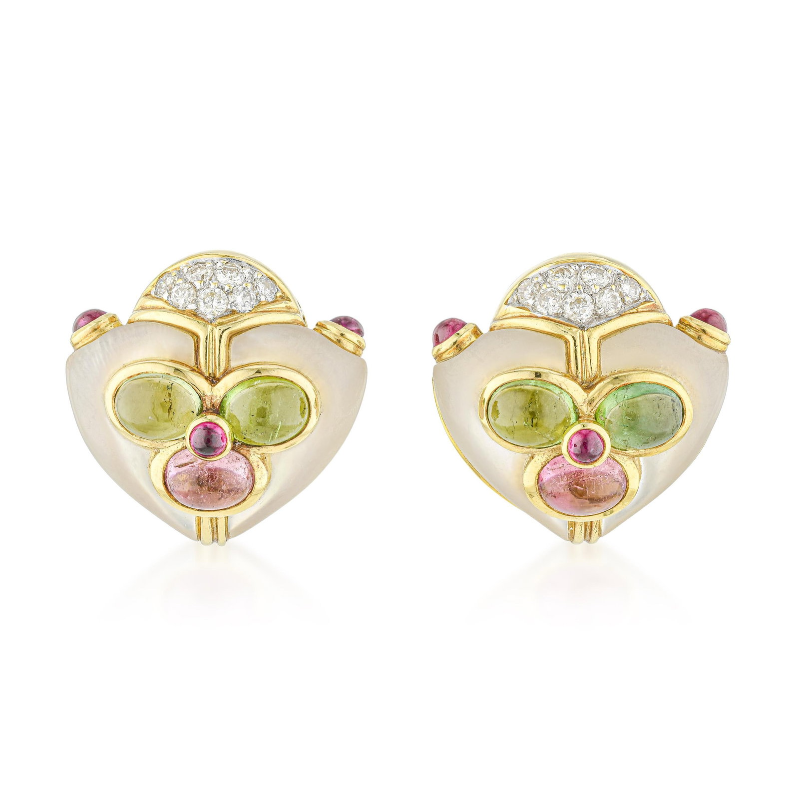 Vintage Mother of Pearl Peridot Tourmaline and Diamond Earrings: ESTIMATED RETAIL PRICE: 7,875* *This is the estimated value a piece of similar quality, craftsmanship, and characteristics could command at retail. Sculpted into gentle heart silhouettes, these