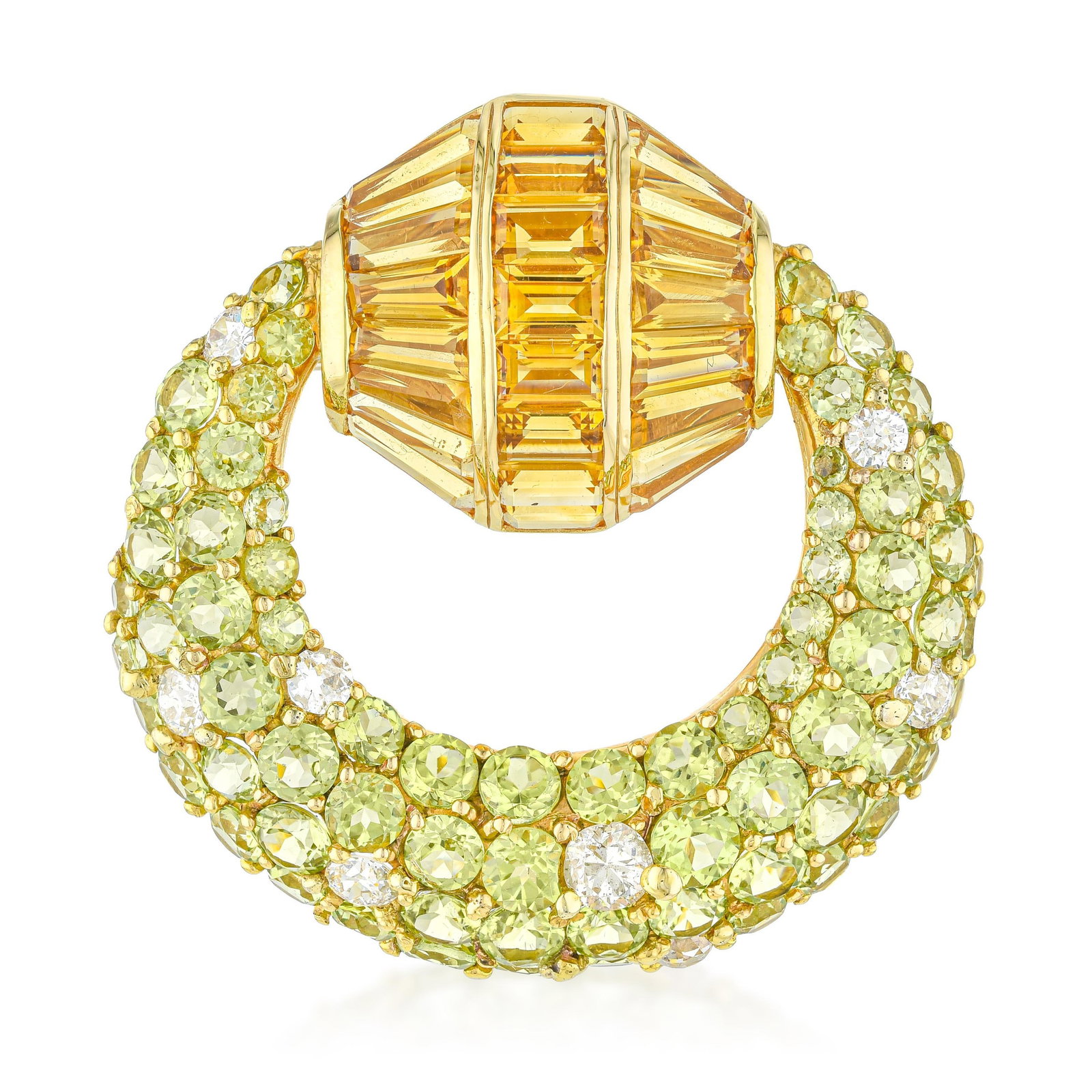 Vintage Peridot Citrine and Diamond Clip Brooch: ESTIMATED RETAIL PRICE: 12,250* *This is the estimated value a piece of similar quality, craftsmanship, and characteristics could command at retail. Designed as a stylized architectural crescent, a
