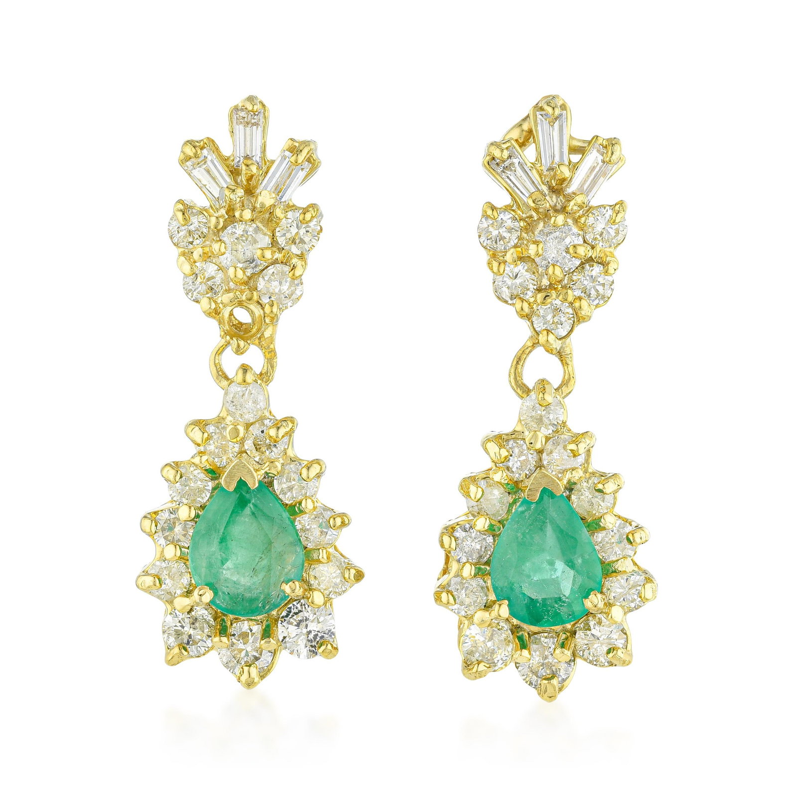 Emerald and Diamond Drop Earrings: ESTIMATED RETAIL PRICE: 7,000* *This is the estimated value a piece of similar quality, craftsmanship, and characteristics could command at retail. Designed as articulated sprays of light, these