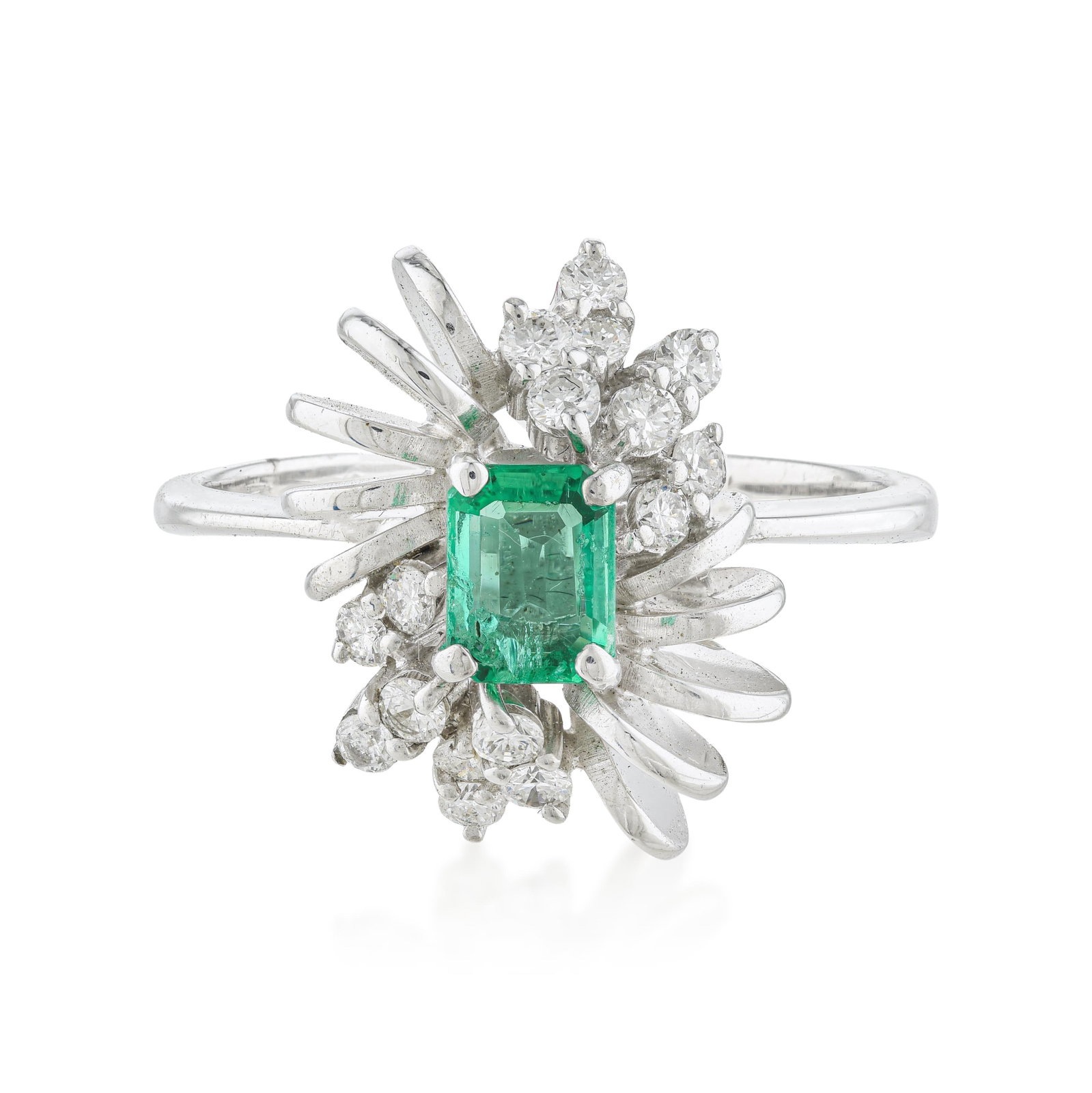 Emerald and Diamond Ring: ESTIMATED RETAIL PRICE: 5,250* *This is the estimated value a piece of similar quality, craftsmanship, and characteristics could command at retail. An expressive study in mid-century kinetic design.