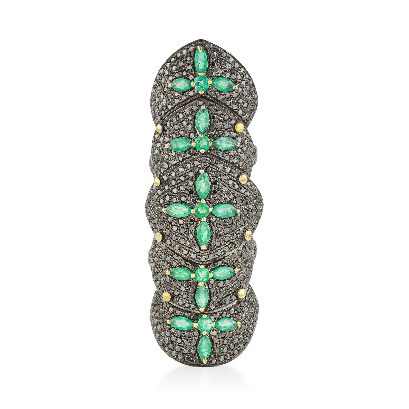 Articulated Emerald and Diamond Silver Ring: ESTIMATED RETAIL PRICE: 1,050* *This is the estimated value a piece of similar quality, craftsmanship, and characteristics could command at retail. Designed as an articulated finger armor shield,