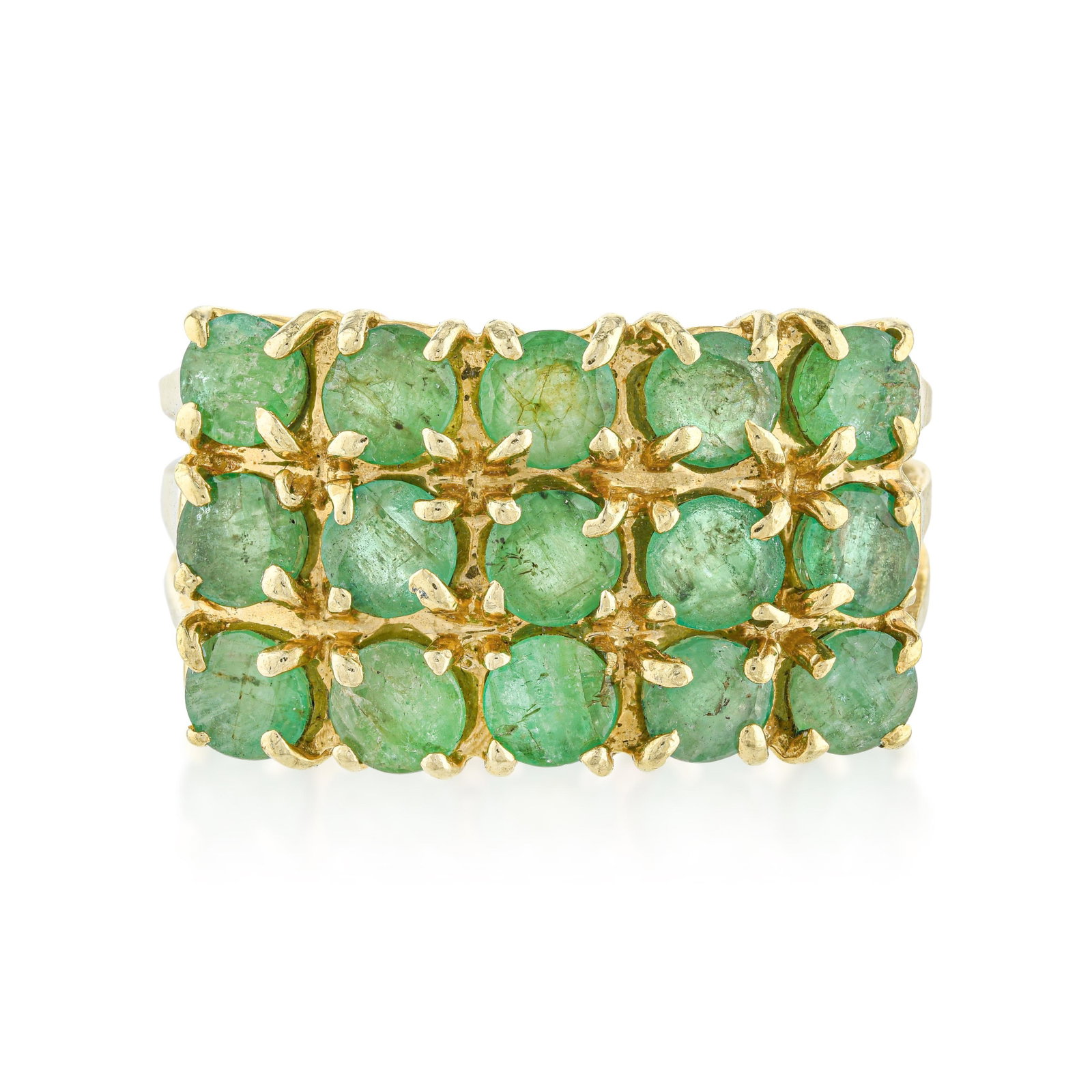 Vintage Emerald Cluster Ring: ESTIMATED RETAIL PRICE: 1,400* *This is the estimated value a piece of similar quality, craftsmanship, and characteristics could command at retail. A dense tapestry of green, this wide vintage band