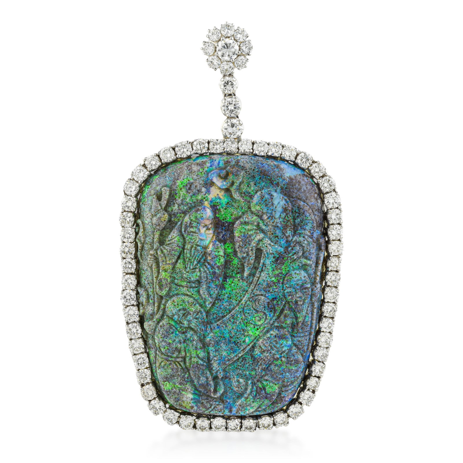Hand Carved East Asian Motif Black Opal and Fine Diamond Carved Pendant: ESTIMATED RETAIL PRICE: 21,000* *This is the estimated value a piece of similar quality, craftsmanship, and characteristics could command at retail. A true lapidary masterwork that bridges fine