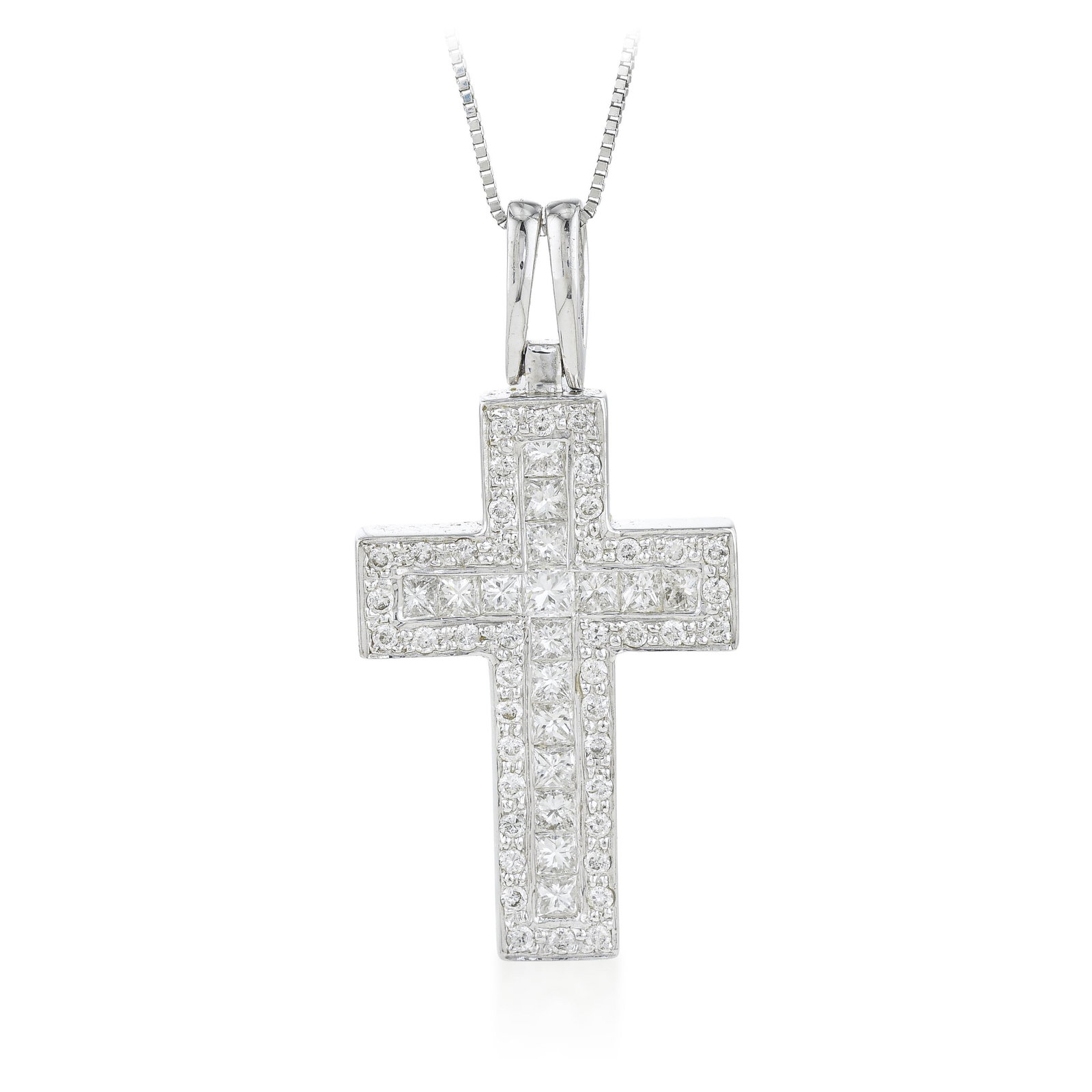 Fine Diamond Cross Pendant Necklace: ESTIMATED RETAIL PRICE: 5,250* *This is the estimated value a piece of similar quality, craftsmanship, and characteristics could command at retail. The classic cross pendant takes on a architectural