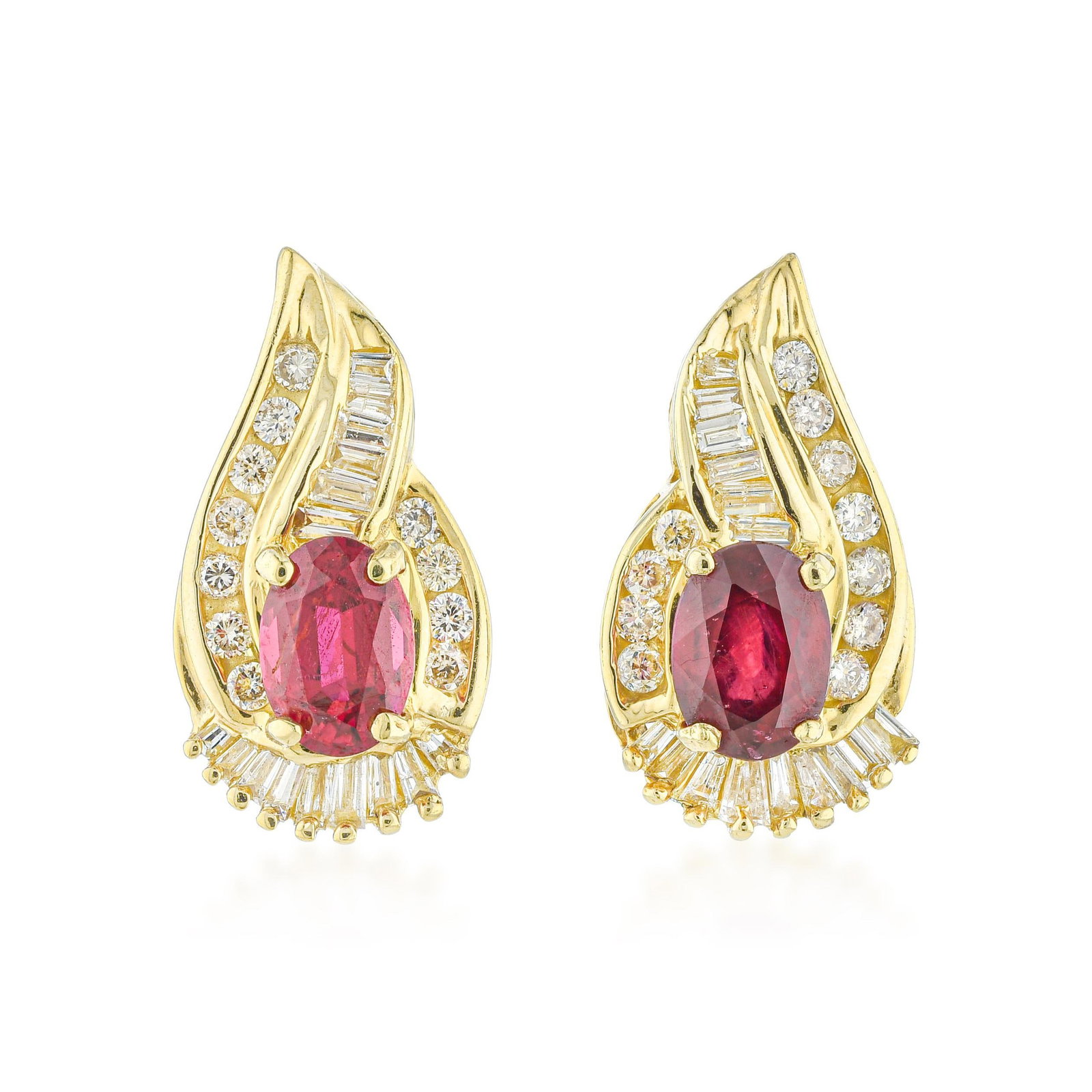 Vintage Ruby and Diamond Flame Earrings: ESTIMATED RETAIL PRICE: 5,250* *This is the estimated value a piece of similar quality, craftsmanship, and characteristics could command at retail. Sweeping upward in a ribbon of gold, these vintage