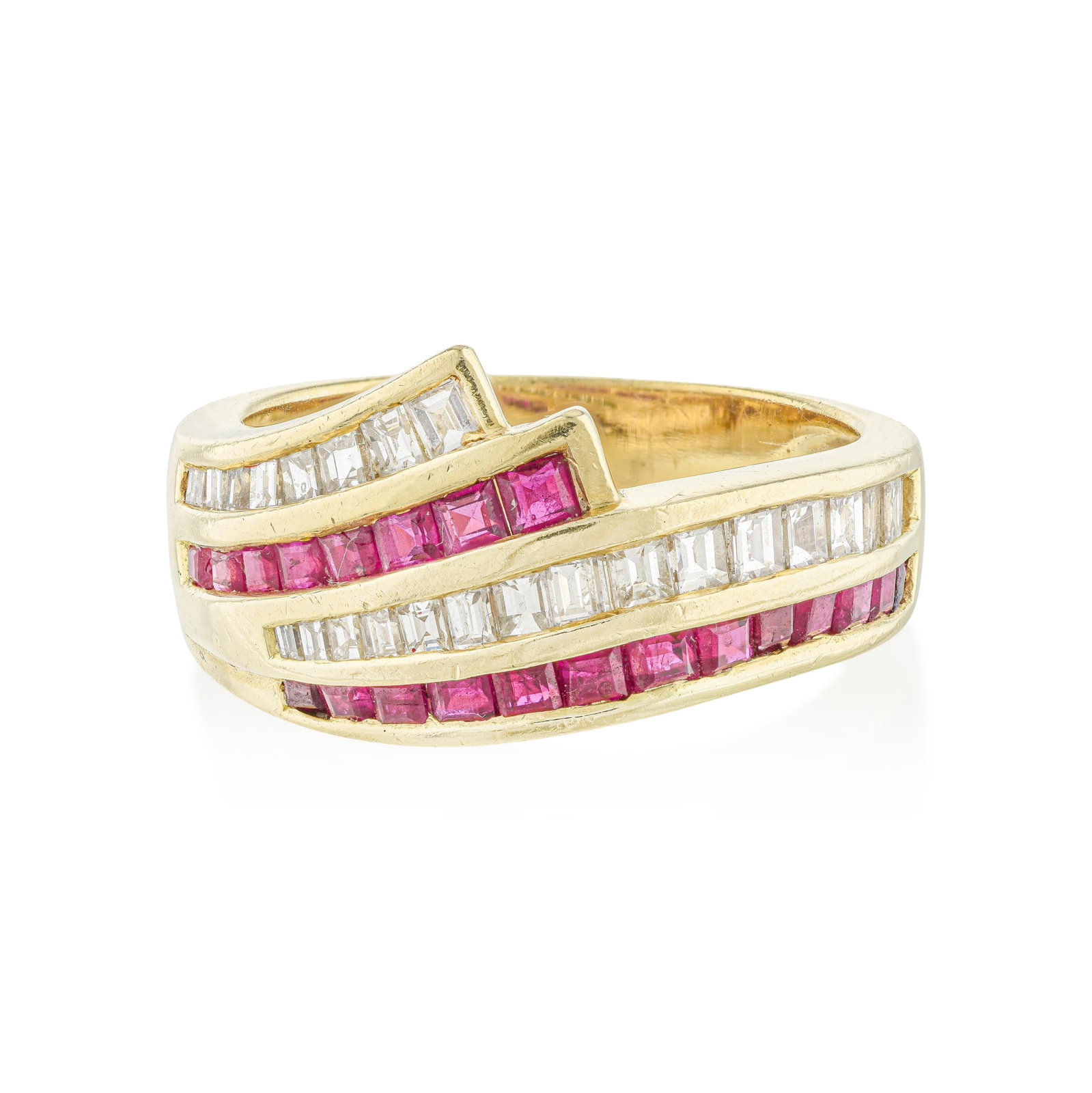 Ruby and Baguette Diamond Channel Bypass Band: ESTIMATED RETAIL PRICE: 5,250* *This is the estimated value a piece of similar quality, craftsmanship, and characteristics could command at retail. A striking study in geometric color blocking.