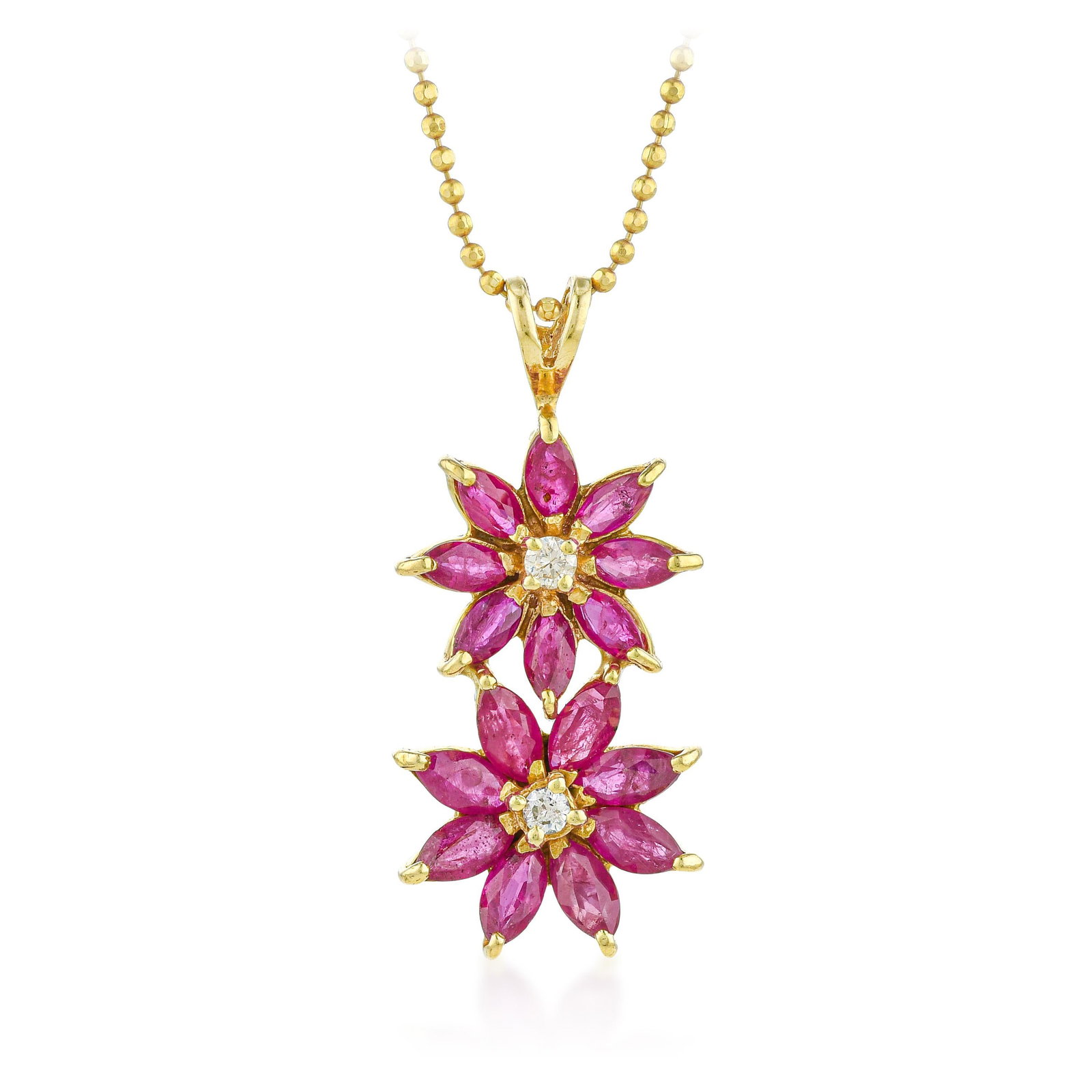 Ruby and Diamond Flower Pendant Necklace: ESTIMATED RETAIL PRICE: 3,500* *This is the estimated value a piece of similar quality, craftsmanship, and characteristics could command at retail. A charming expression of floral motif, this pendant