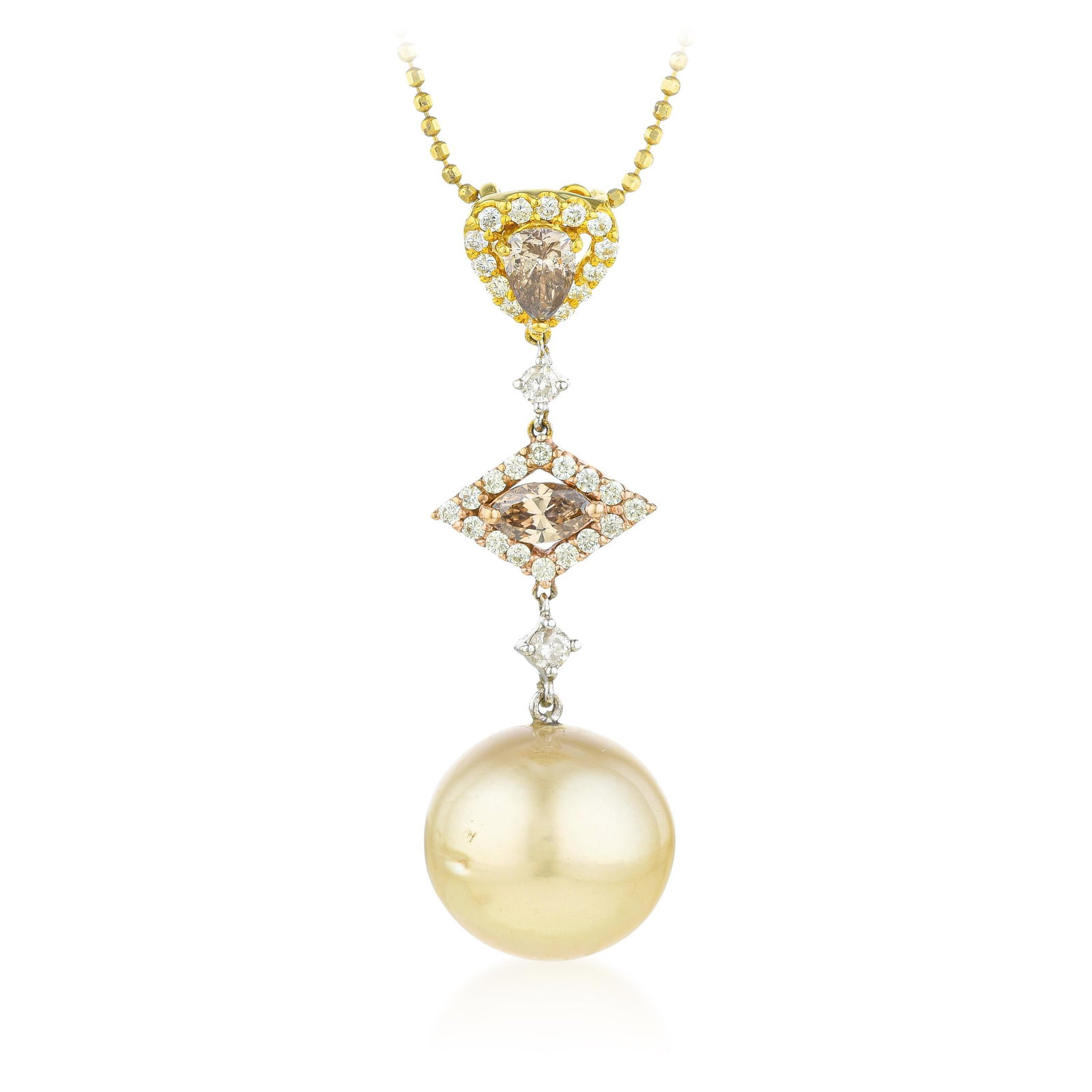 Fancy Brown Diamond White Diamond and Pearl Pendant Necklace: ESTIMATED RETAIL PRICE: 5,250* *This is the estimated value a piece of similar quality, craftsmanship, and characteristics could command at retail. This multi-tiered drop pendant is a masterclass in