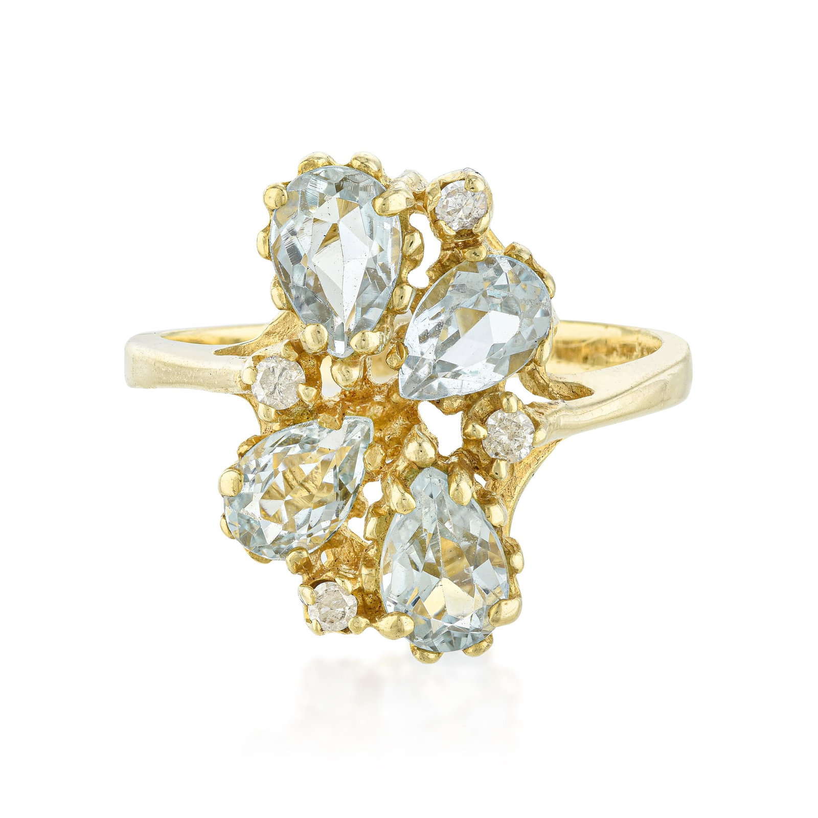 Vintage Aquamarine and Diamond Cluster Ring: ESTIMATED RETAIL PRICE: 2,625* *This is the estimated value a piece of similar quality, craftsmanship, and characteristics could command at retail. Reminiscent of 1960s floral jewelry, four pear-cut