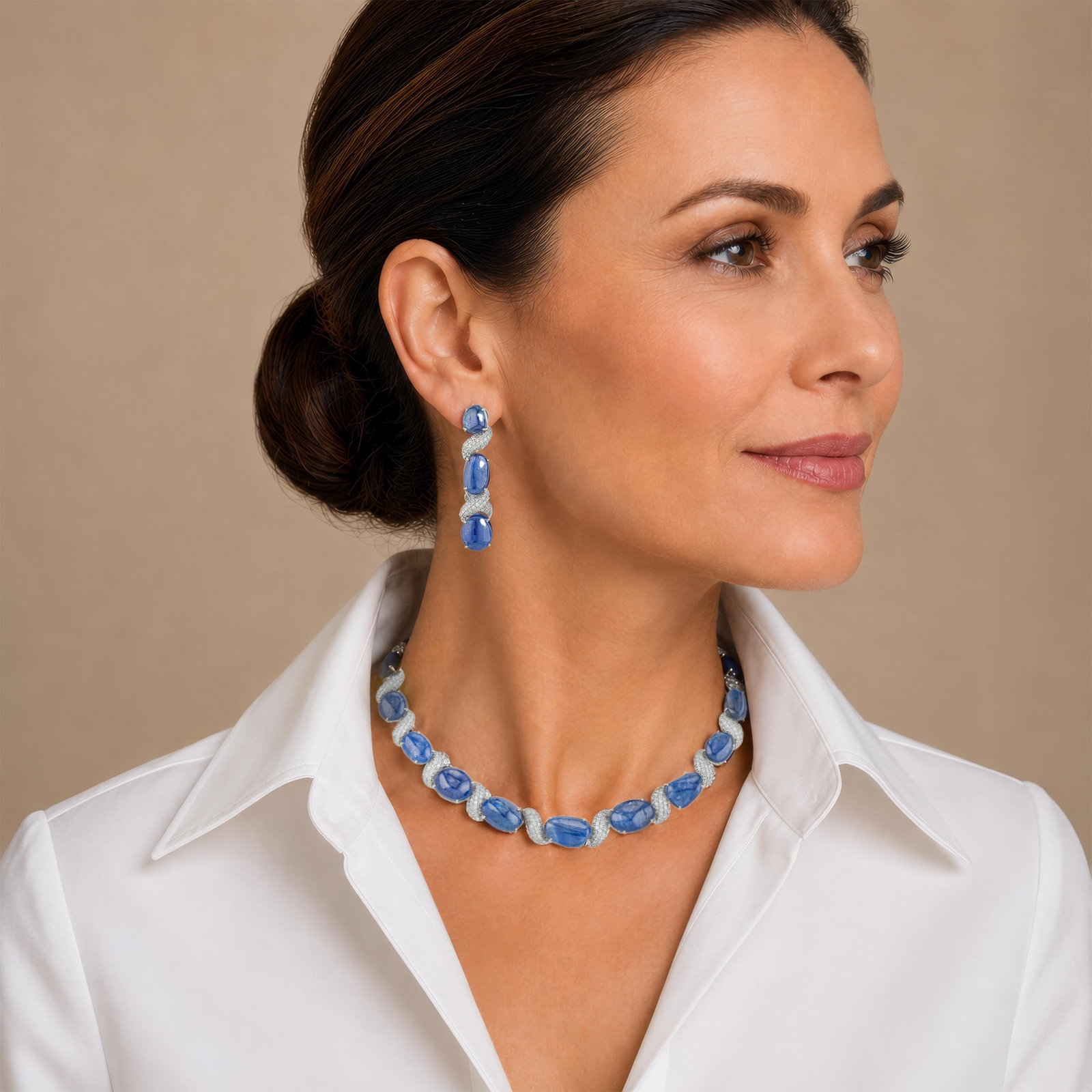 Burma No Heat Blue Sapphire Cabochon and Diamond Necklace and Earrings Set, GIA Certified: ESTIMATED RETAIL PRICE: $125,000* *This is the estimated value a piece of similar quality, craftsmanship, and characteristics could command at retail. This rare high-jewelry suite is an absolute