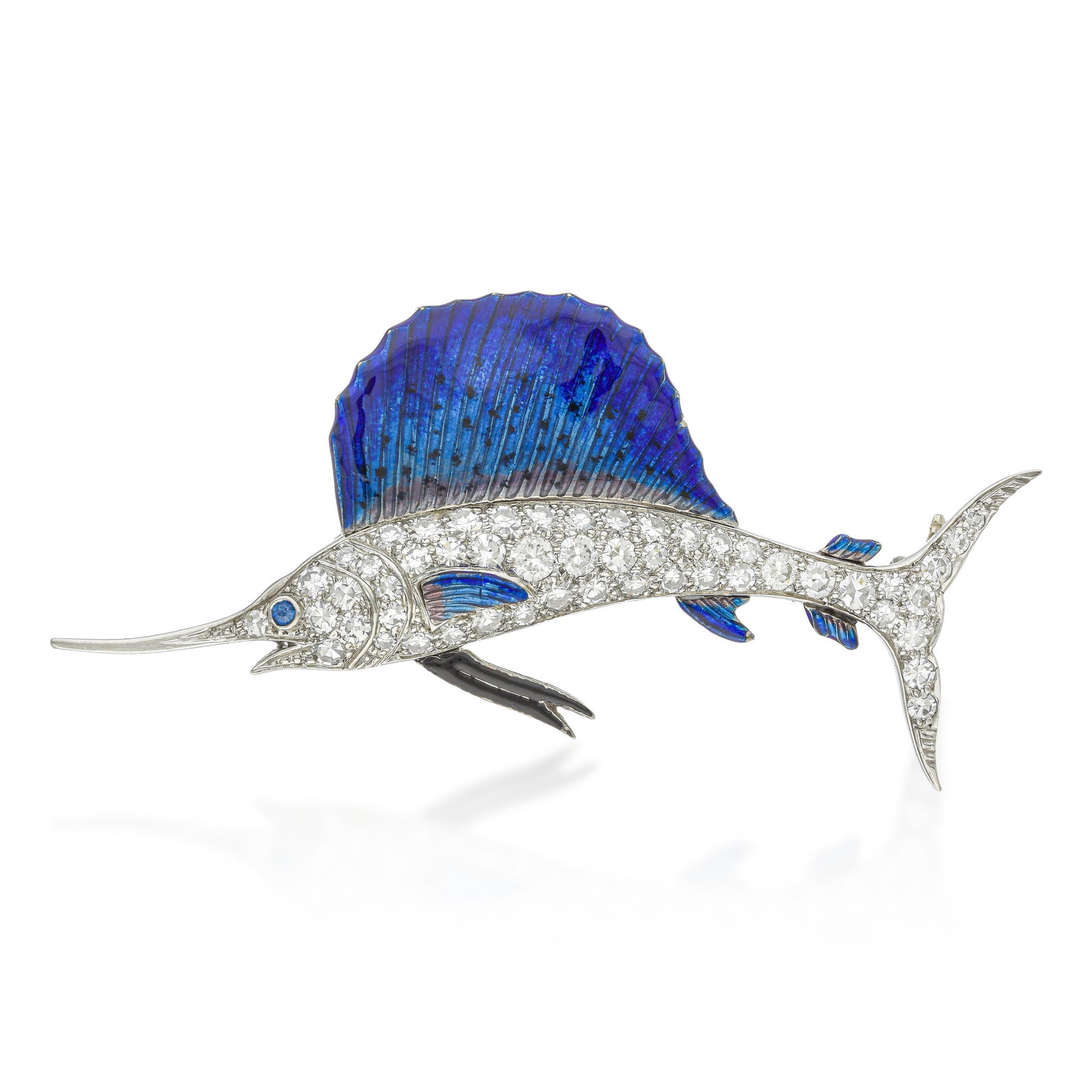 Art Deco Enamel and Diamond Sailfish Brooch: ESTIMATED RETAIL PRICE: 10,500* *This is the estimated value a piece of similar quality, craftsmanship, and characteristics could command at retail. Capturing the fluid grace of marine life, this