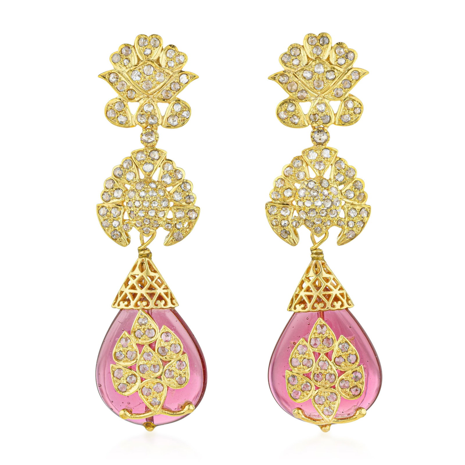 Rose Cut Diamond and Glass Drop Earrings: ESTIMATED RETAIL PRICE: 7,875* *This is the estimated value a piece of similar quality, craftsmanship, and characteristics could command at retail. Rich in heritage aesthetic, these chandelier drop ea