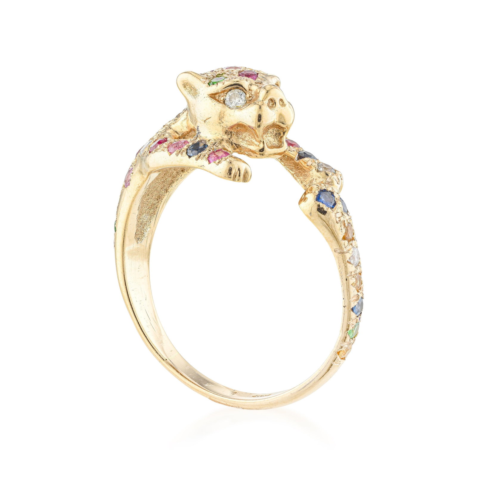 Multicolor Gemstone Panther Ring: ESTIMATED RETAIL PRICE: 3,500* *This is the estimated value a piece of similar quality, craftsmanship, and characteristics could command at retail. The panther motif occupies a storied place in high j