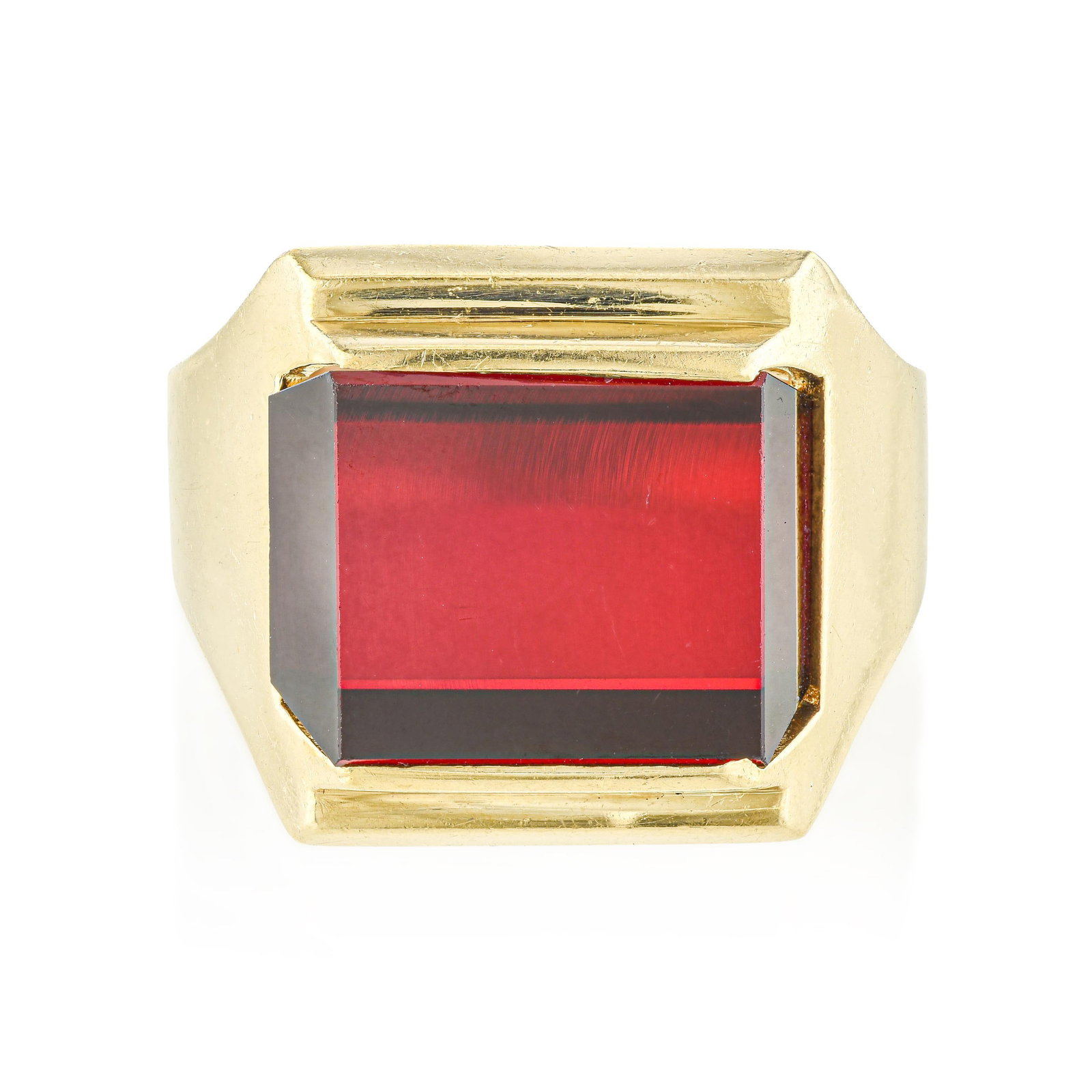 Vintage Gentleman's Red Stone Ring: ESTIMATED RETAIL PRICE: 5,250* *This is the estimated value a piece of similar quality, craftsmanship, and characteristics could command at retail. Heavy, masculine, and architecturally clean, this vi