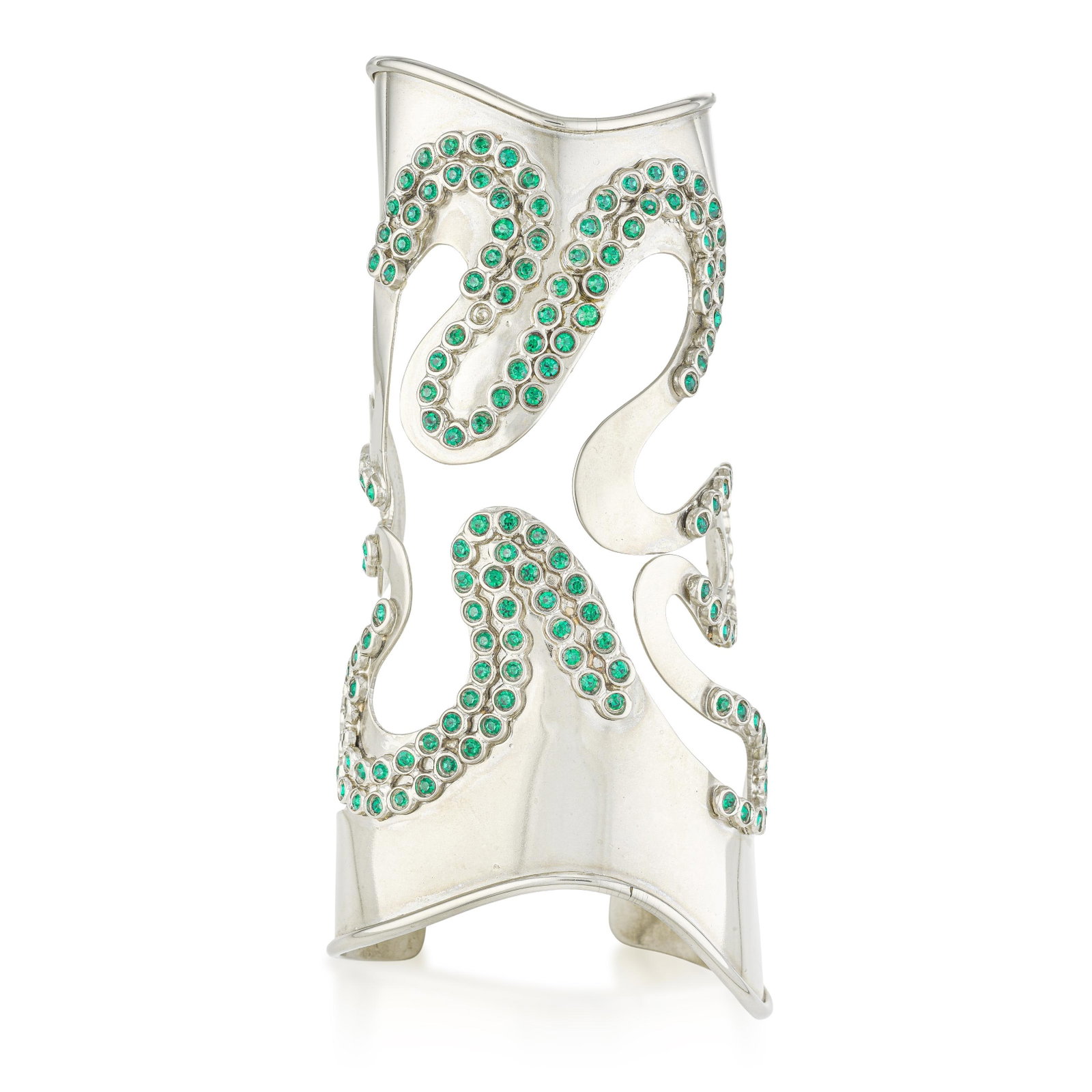 Costume Versace Green Stone Long Cuff: ESTIMATED RETAIL PRICE: 875* *This is the estimated value a piece of similar quality, craftsmanship, and characteristics could command at retail. Bold, architectural, and unapologetically dramatic,