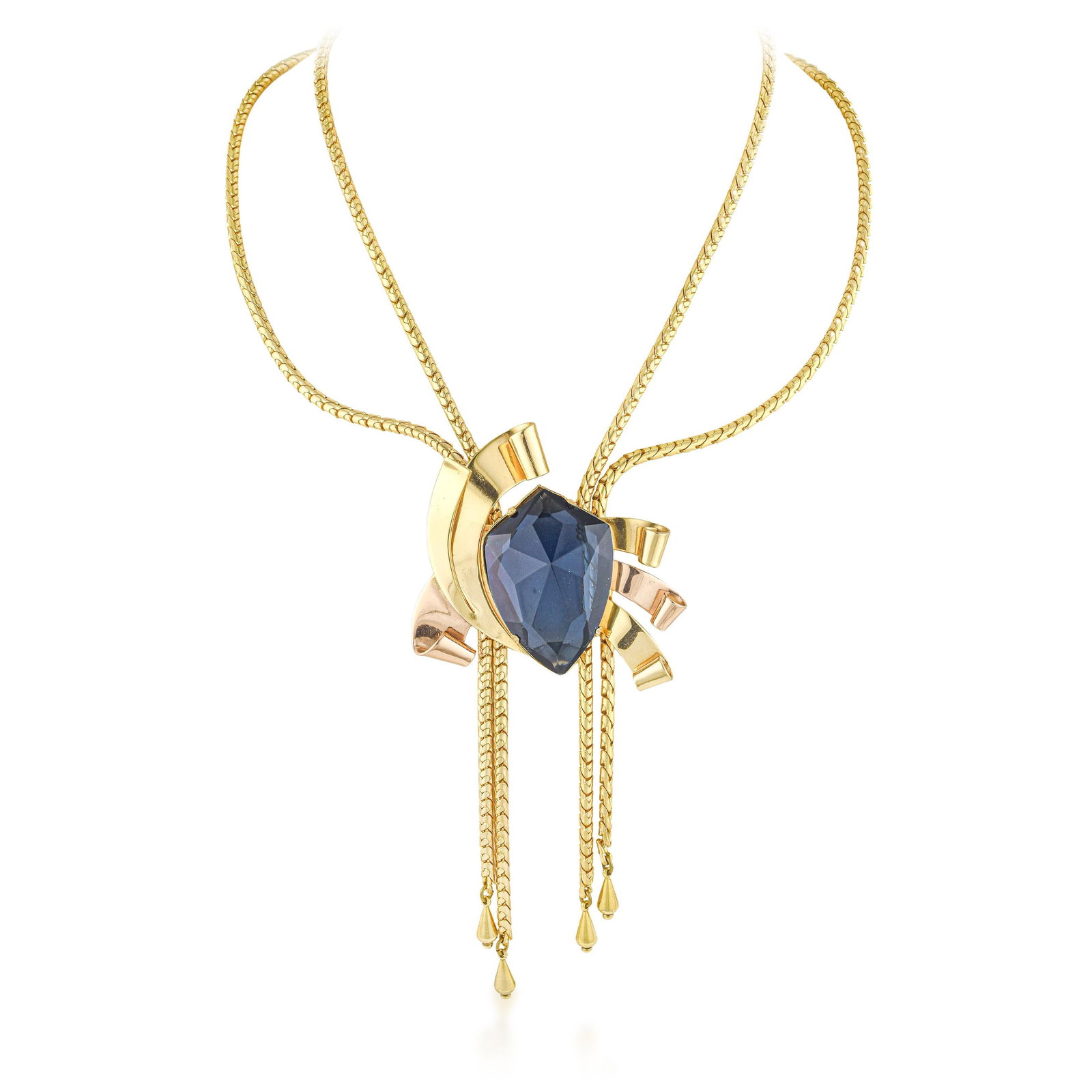 Costume Retro Style Tassel Necklace: ESTIMATED RETAIL PRICE: 875* *This is the estimated value a piece of similar quality, craftsmanship, and characteristics could command at retail. Capturing the bold, theatrical drama of 1940s Retro