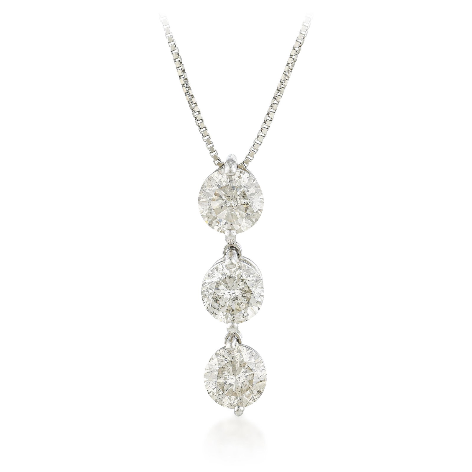 Three Stone Diamond Necklace - No Reserve Lot: ESTIMATED RETAIL PRICE: $4,000* *This is the estimated value a piece of similar quality, craftsmanship, and characteristics could command at retail. Three graduated round brilliant diamonds cascade