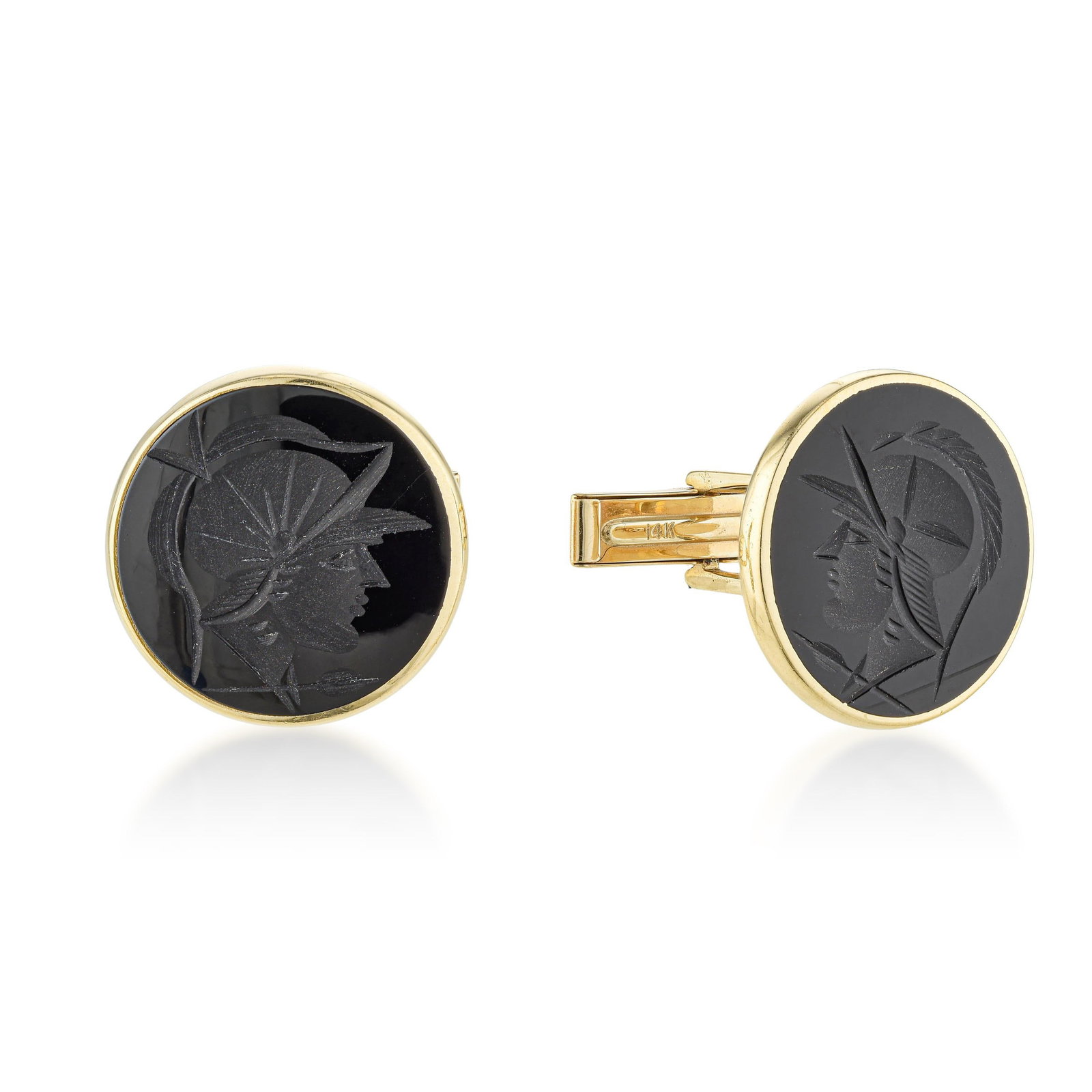 Onyx Intaglio Roman Soldier Cufflinks: ESTIMATED RETAIL PRICE: $1,800* *This is the estimated value a piece of similar quality, craftsmanship, and characteristics could command at retail. Classic and tailored, these 14K yellow gold