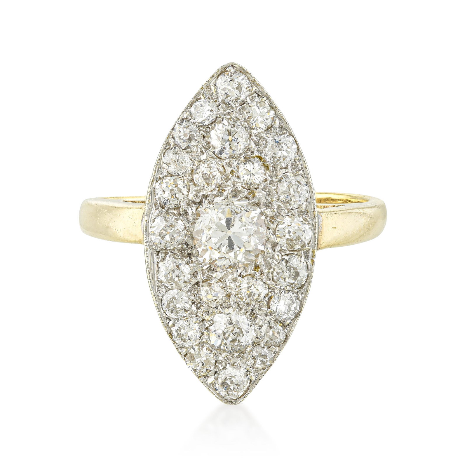 Vintage Navette Old European Cut Diamond Cluster Ring: ESTIMATED RETAIL PRICE: 5,250* *This is the estimated value a piece of similar quality, craftsmanship, and characteristics could command at retail. Slender and finger-lengthening, this classic