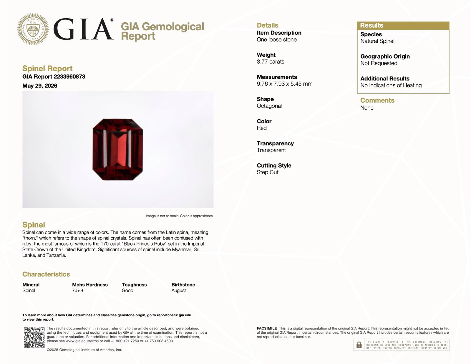 3.77-Carat Spinel Loose Gemstone, GIA Certified - 3