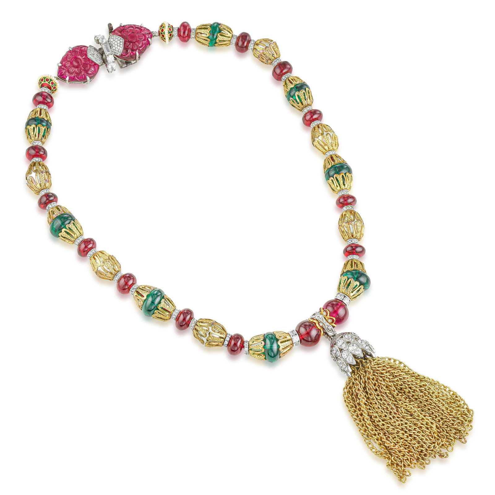 Costume Tassel Necklace: ESTIMATED RETAIL PRICE: $2,500* *This is the estimated value a piece of similar quality, craftsmanship, and characteristics could command at retail. Rich in Indian-inspired design, this costume