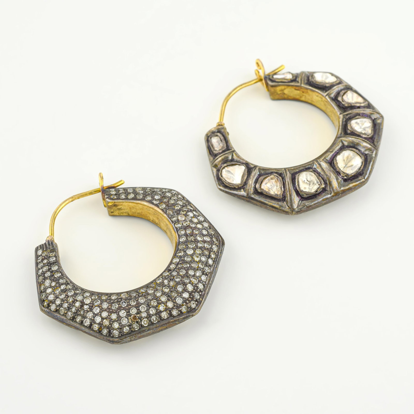 Dual-Sided Polki and Diamond Pave Geometric Hoop Earrings - No Reserve Lot - 2