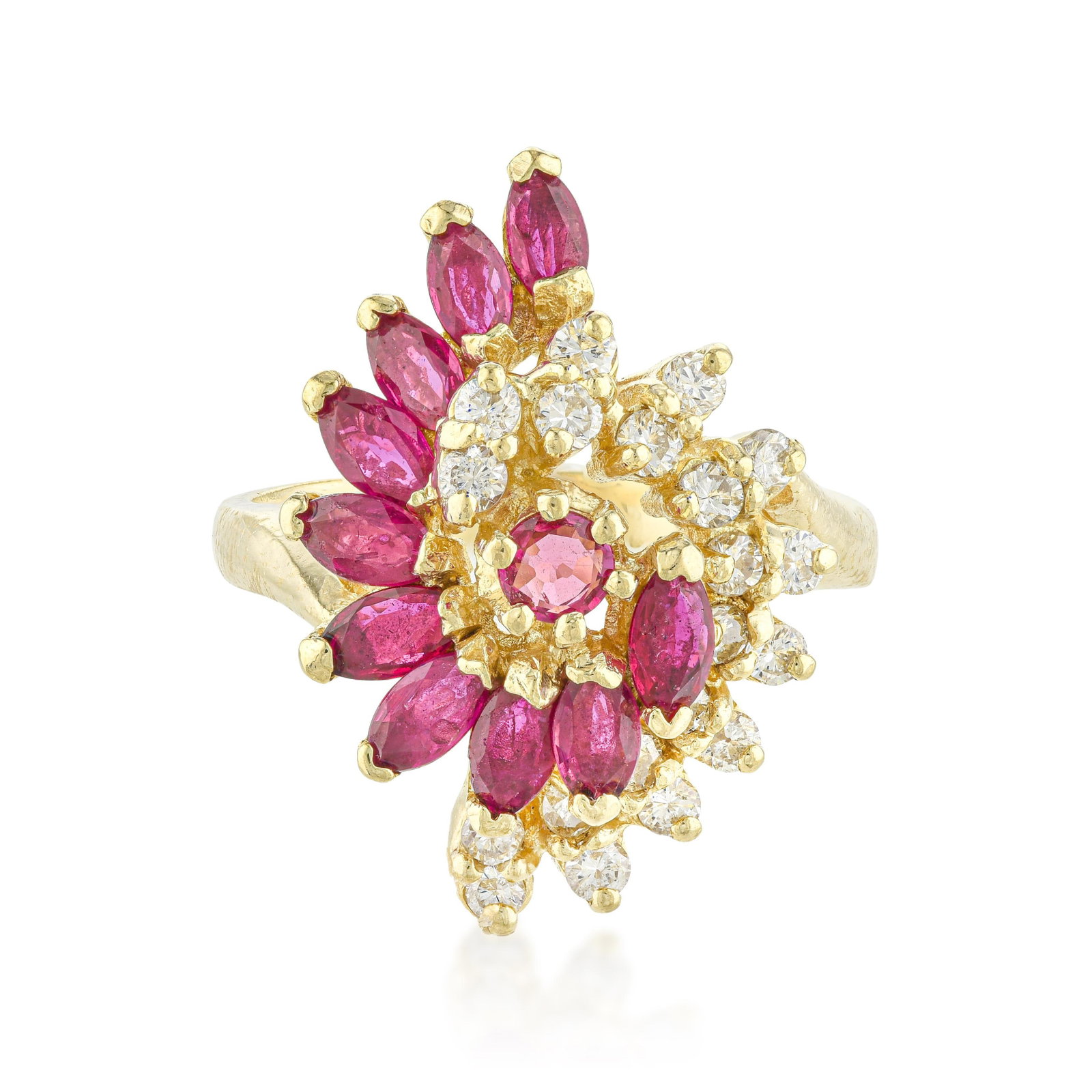 Ruby and Diamond Cluster Ring: ESTIMATED RETAIL PRICE: $2,600* *This is the estimated value a piece of similar quality, craftsmanship, and characteristics could command at retail. Capturing dynamic, wave-like movement, this bypass