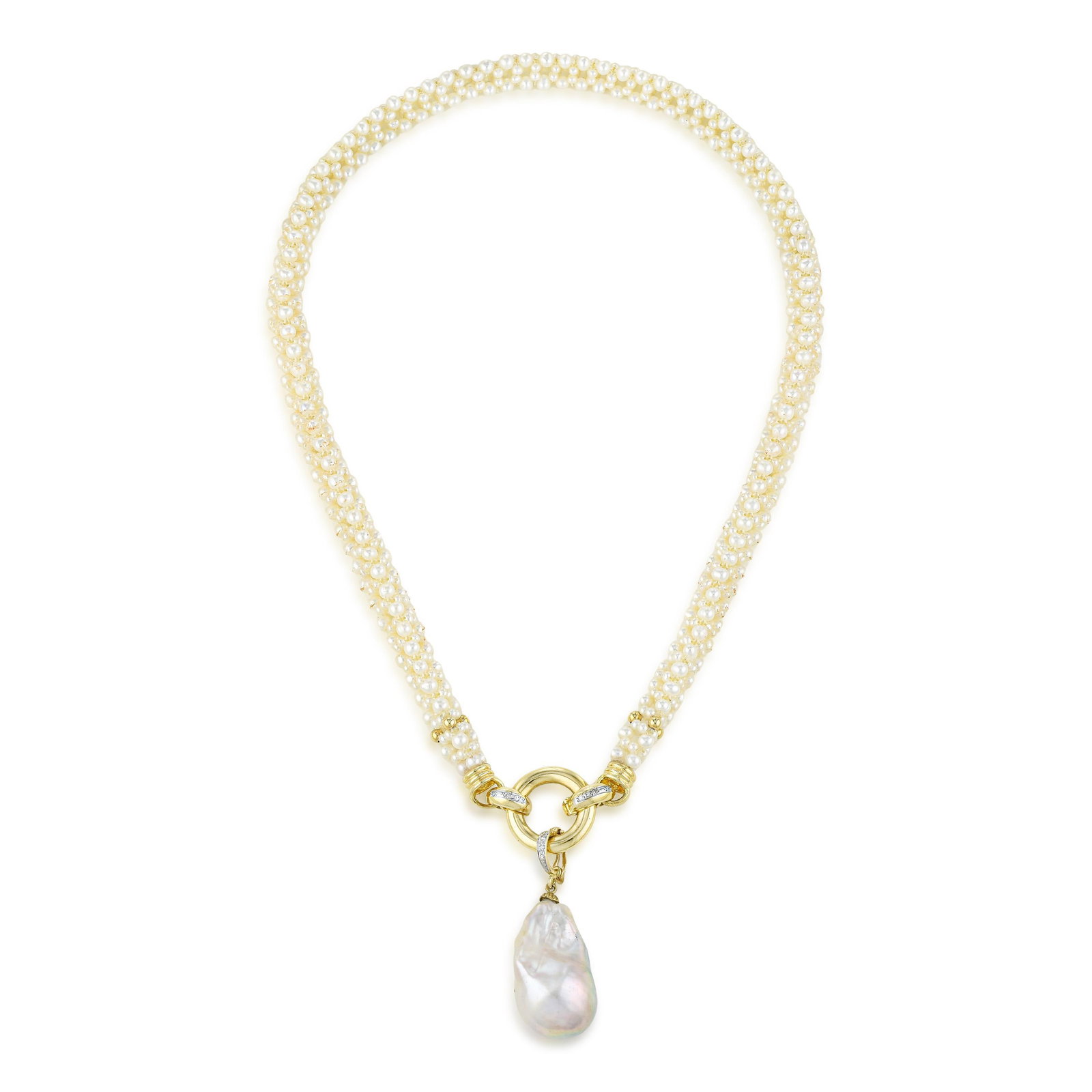 Woven Seed Pearl Rope Necklace with Detachable Baroque Pearl: ESTIMATED RETAIL PRICE: $3,200 * *This is the estimated value a piece of similar quality, craftsmanship, and characteristics could command at retail. Woven seed pearl ropes are labor made visible,