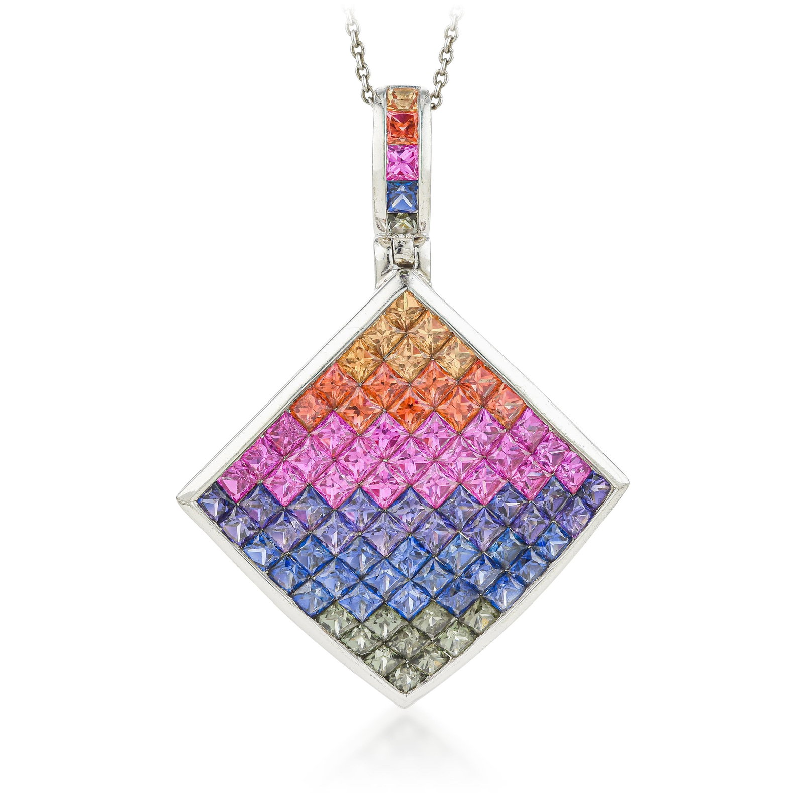 Multi Color Pendant Necklace: ESTIMATED RETAIL PRICE: 875* *This is the estimated value a piece of similar quality, craftsmanship, and characteristics could command at retail. Executed in a crisp diamond-shaped plaque,