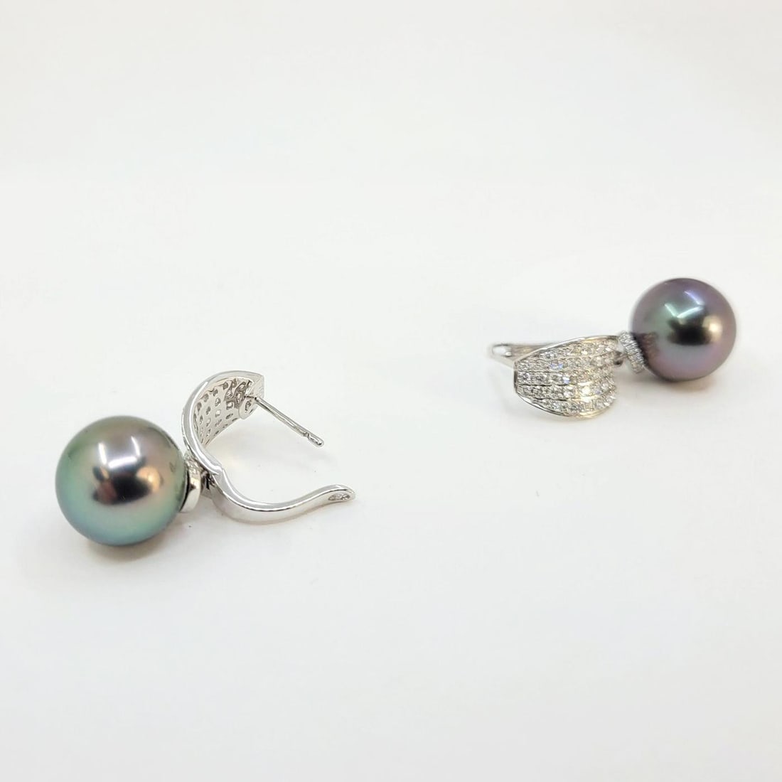 Peacock Green Tahitian Pearl and Diamond Earrings - 2