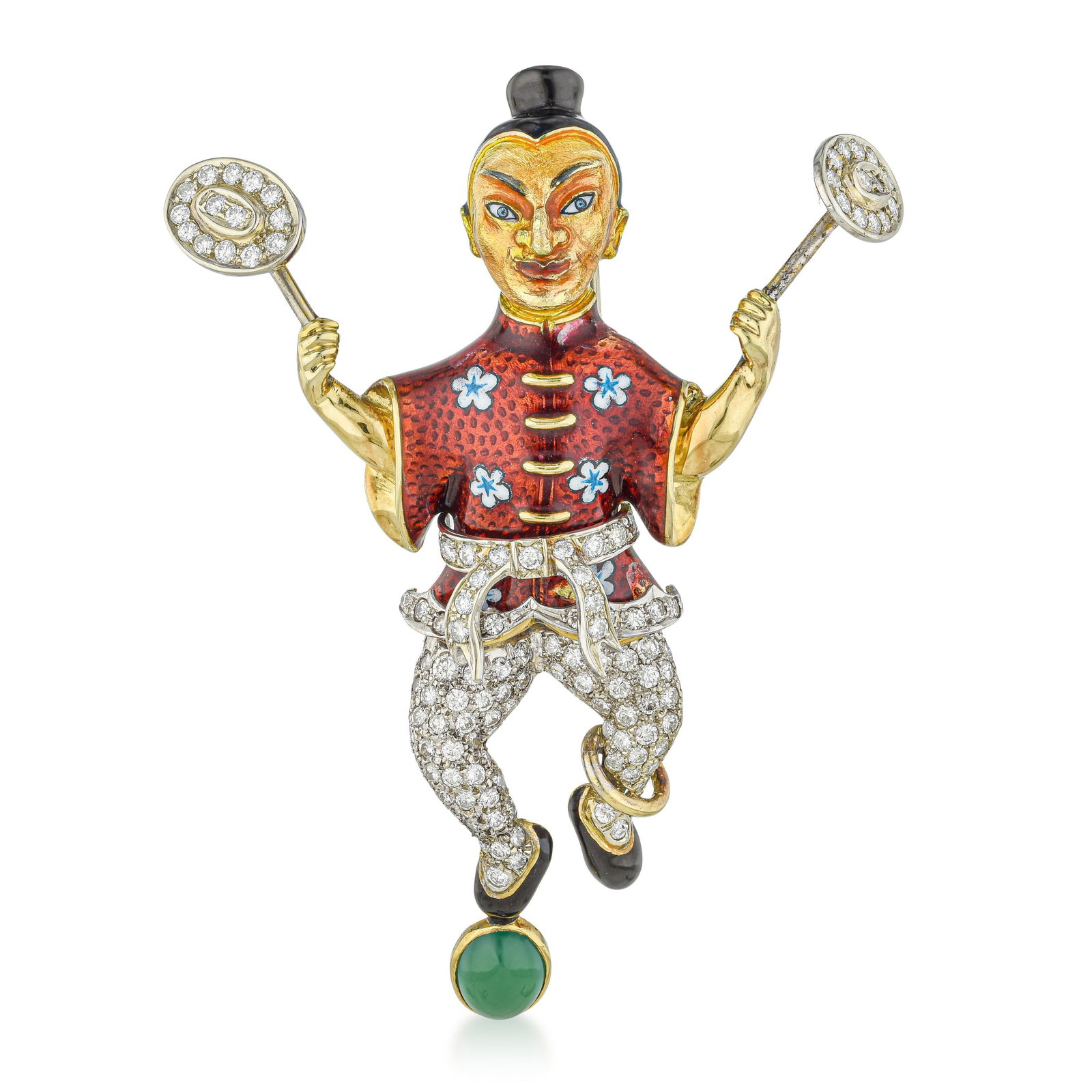Vintage Juggler Enamel Statement Brooch: ESTIMATED RETAIL PRICE: $15,000* *This is the estimated value a piece of similar quality, craftsmanship, and characteristics could command at retail. A high-jewelry statement brooch depicting a