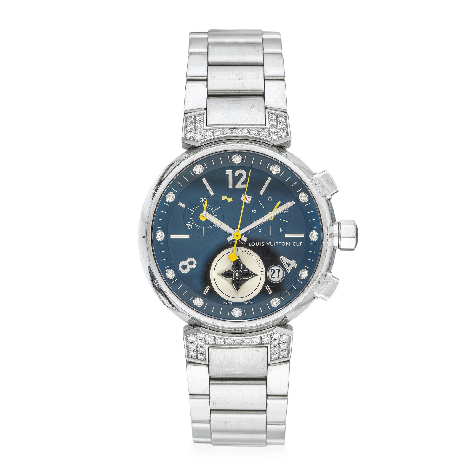 Louis Vuitton Tambour Lovely Cup in Steel with Factory Diamonds: ESTIMATED RETAIL PRICE: $4,000* *This is the estimated value a piece of similar quality, craftsmanship, and characteristics could command at retail. Louis Vuitton's Tambour is one of very few