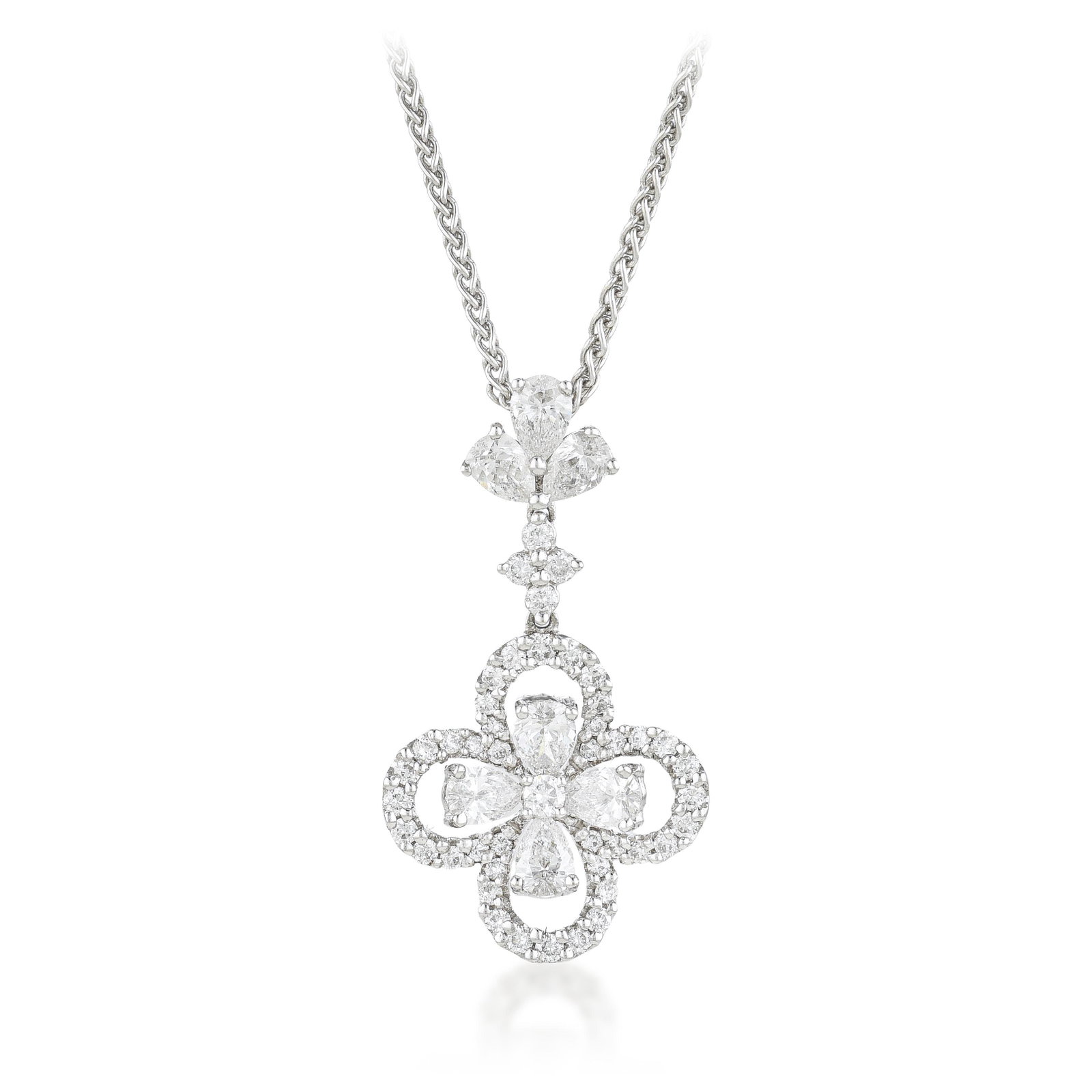 Diamond Pendant/Necklace: ESTIMATED RETAIL PRICE: $5,000* *This is the estimated value a piece of similar quality, craftsmanship, and characteristics could command at retail. Designed as a four-petal quatrefoil, this pendant