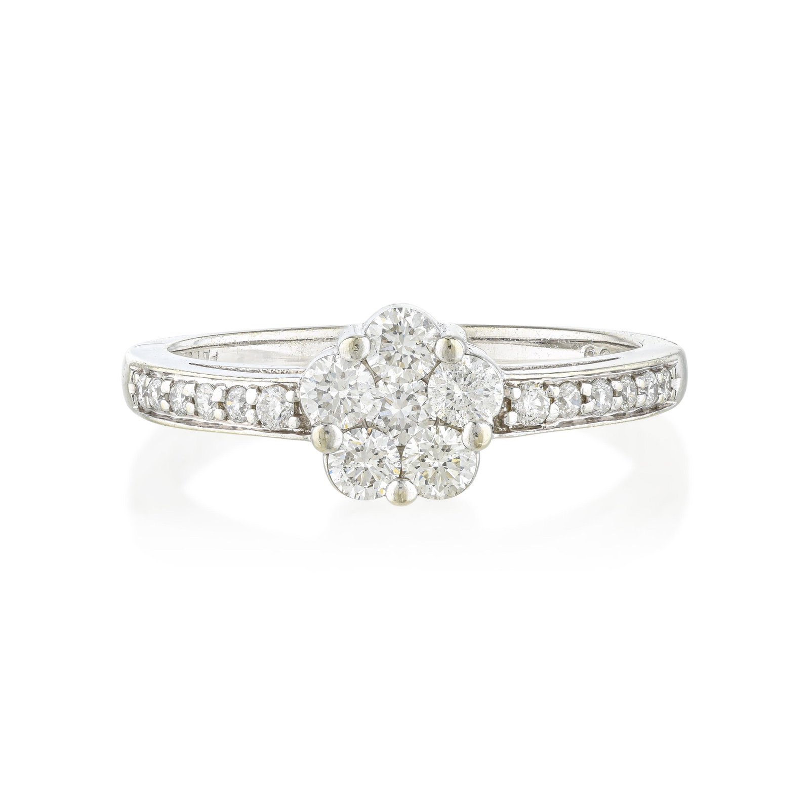 Diamond Cluster Ring: ESTIMATED RETAIL PRICE: $3,200* *This is the estimated value a piece of similar quality, craftsmanship, and characteristics could command at retail. A tight six-petal floral cluster of round brilliant