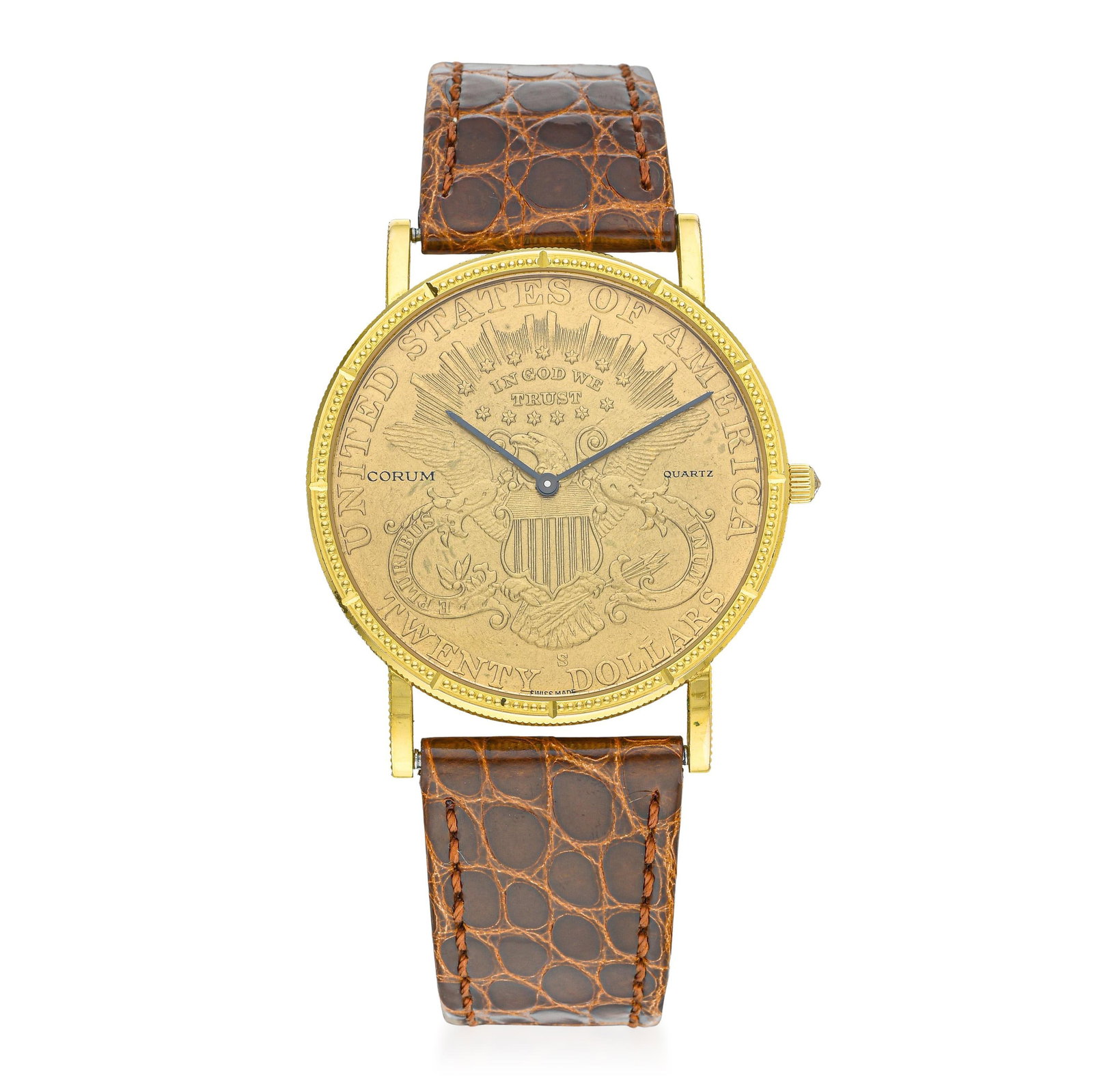Corum $20 Gold Piece Watch in 18K yellow gold: ESTIMATED RETAIL PRICE: $10,000* *This is the estimated value a piece of similar quality, craftsmanship, and characteristics could command at retail. The Corum Coin Watch is one of the more ingenious