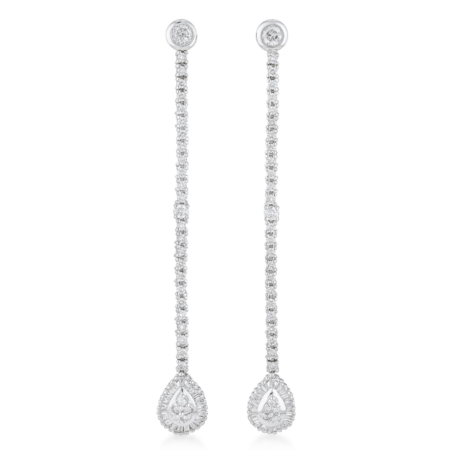 Long Diamond Earrings: ESTIMATED RETAIL PRICE: $5,000* *This is the estimated value a piece of similar quality, craftsmanship, and characteristics could command at retail. Delicate diamond chains terminate in pear-shaped te