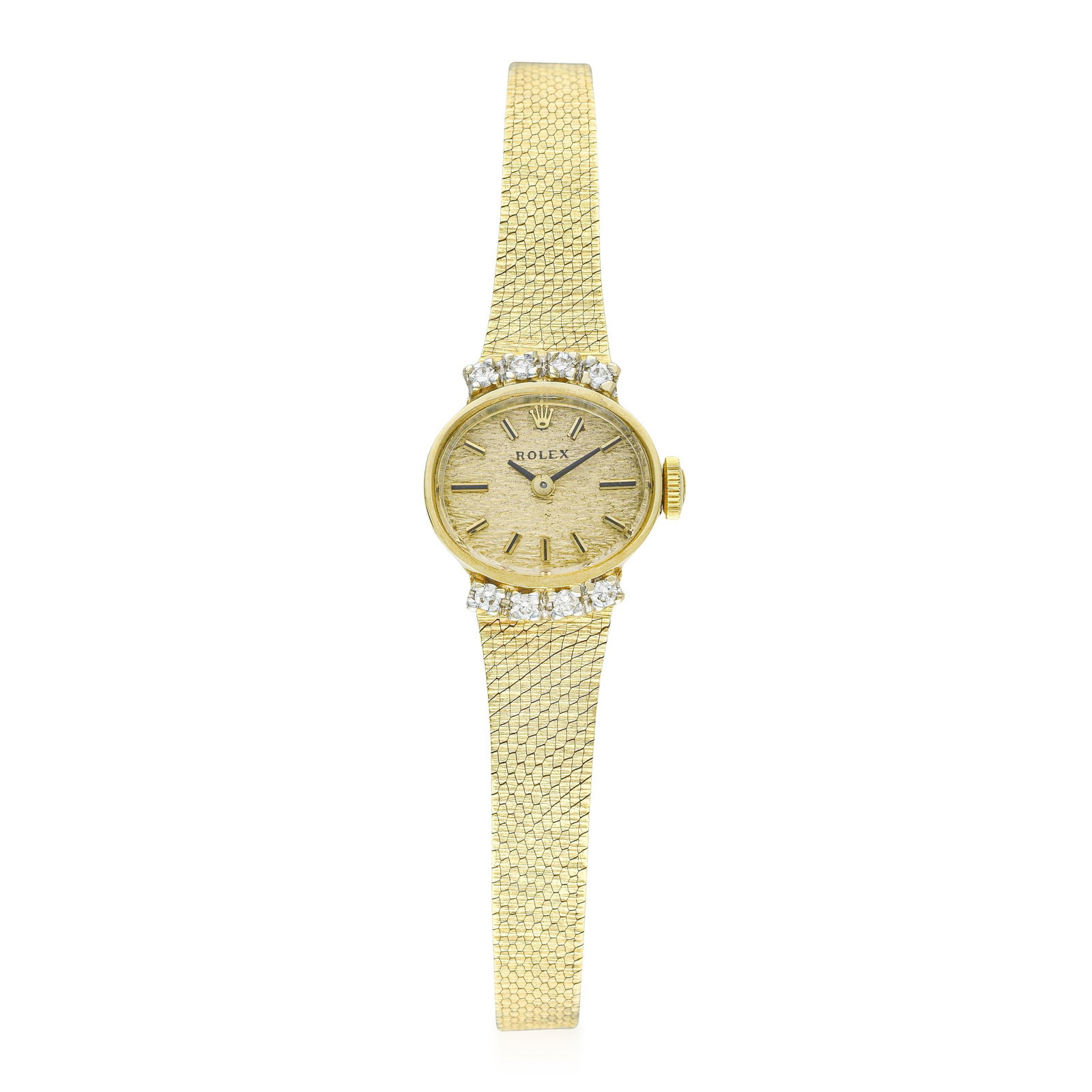 Rolex Ladies' Watch in 14K Gold: ESTIMATED RETAIL PRICE: $5,000* *This is the estimated value a piece of similar quality, craftsmanship, and characteristics could command at retail. Bark finish was a signature of 1960s and 70s gold w