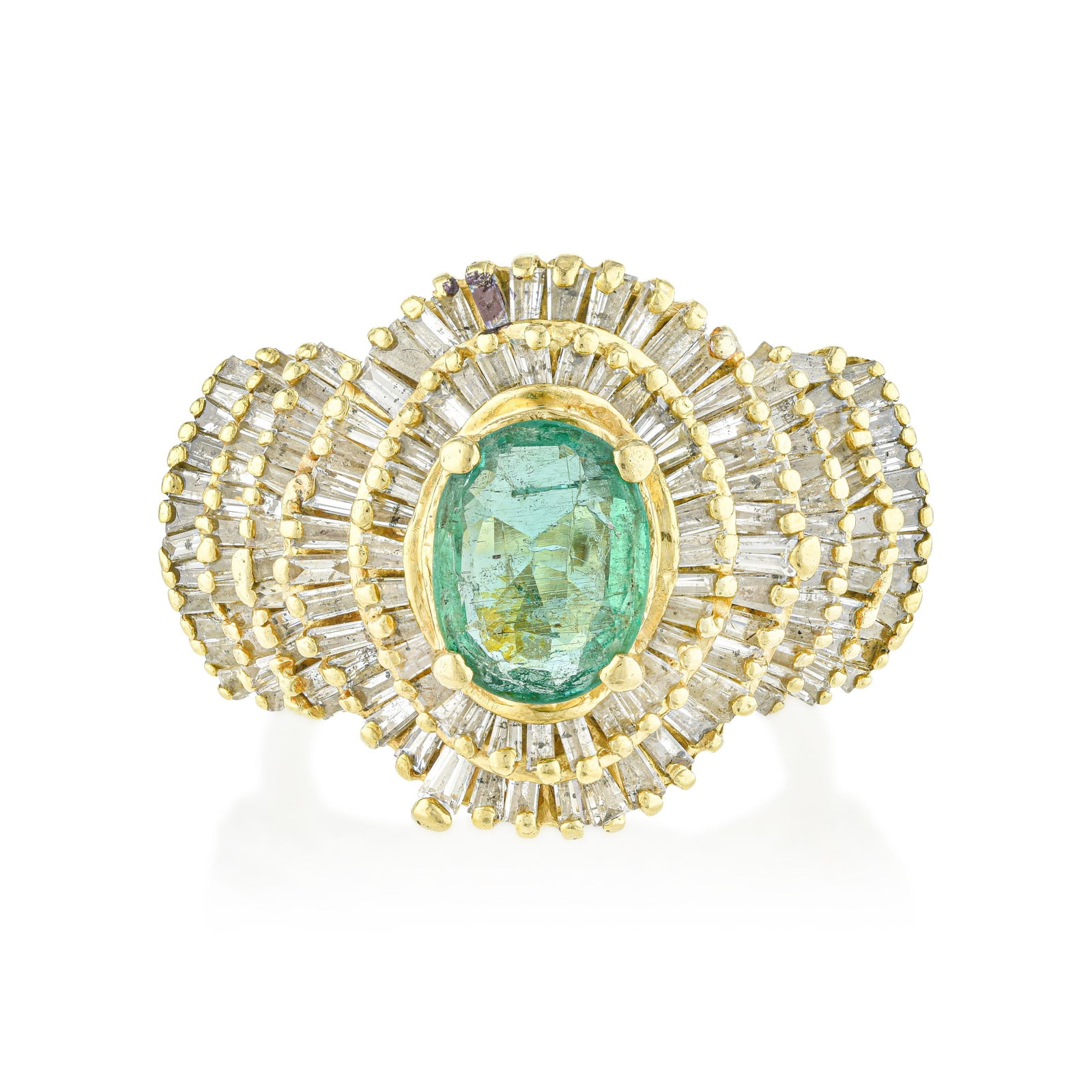 Emerald and Baguette Diamond Cocktail: ESTIMATED RETAIL PRICE: $4,800* *This is the estimated value a piece of similar quality, craftsmanship, and characteristics could command at retail. A dramatic 14K yellow gold cocktail ring centered