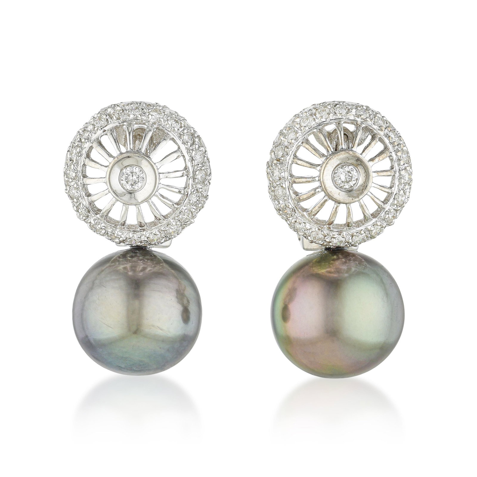 Black Pearl and Diamond Earrings: ESTIMATED RETAIL PRICE: $5,500* *This is the estimated value a piece of similar quality, craftsmanship, and characteristics could command at retail. Architectural and alluring, these drop earclips