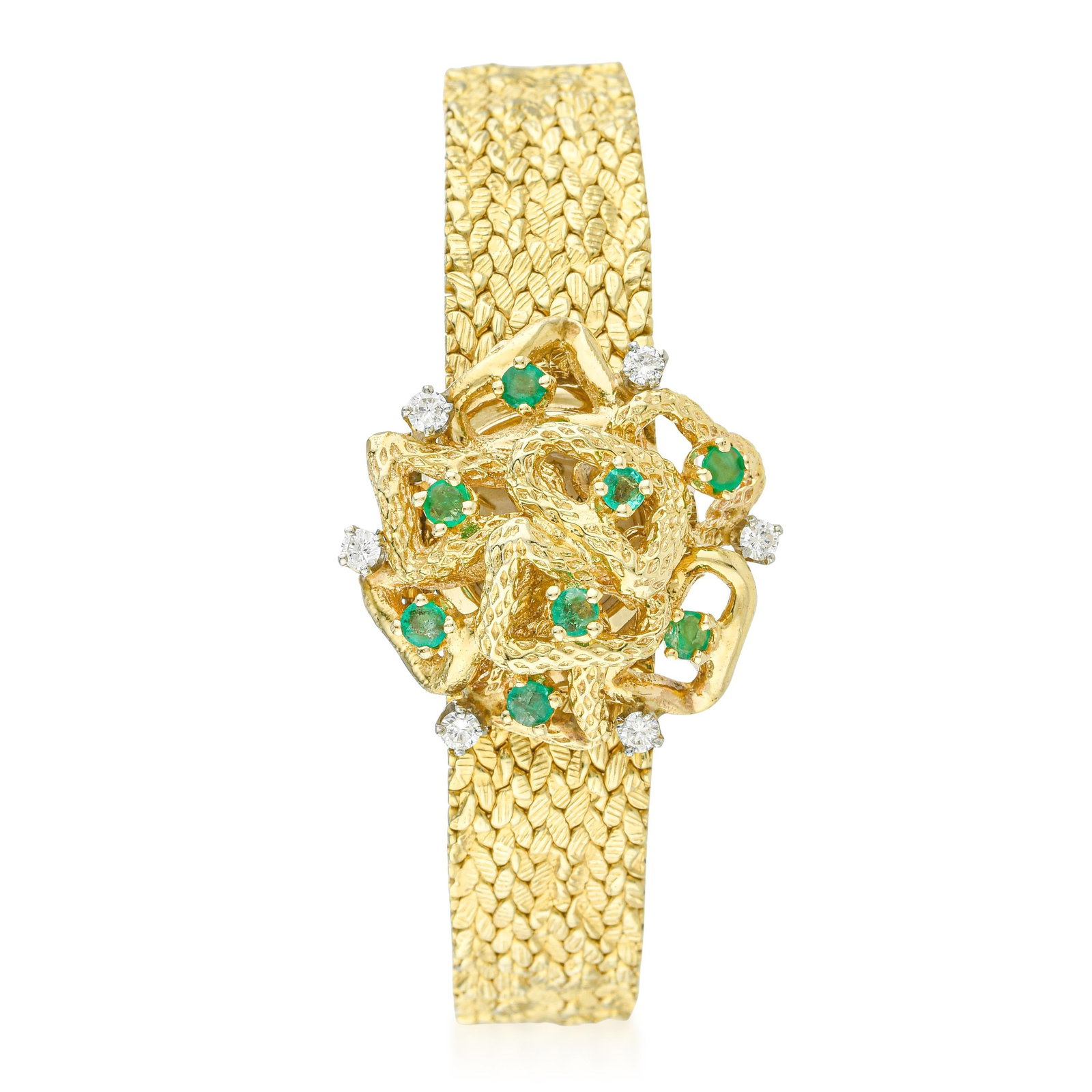 Vintage Geneva Emerald and Diamond Ladies' Wristwatch in 14K Gold: ESTIMATED RETAIL PRICE: $6,000* *This is the estimated value a piece of similar quality, craftsmanship, and characteristics could command at retail. Designed as a secret timepiece, this vintage Geneva