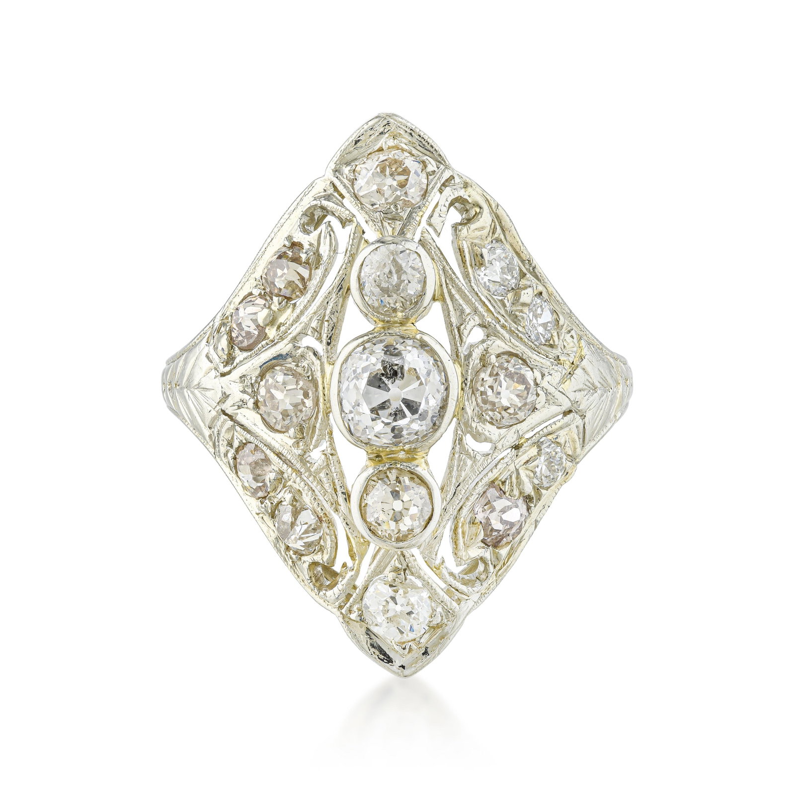 Vintage Old European Cut Diamond Ring: ESTIMATED RETAIL PRICE: $3,200* *This is the estimated value a piece of similar quality, craftsmanship, and characteristics could command at retail. Classic 1920s geometry defines this rhombus shield